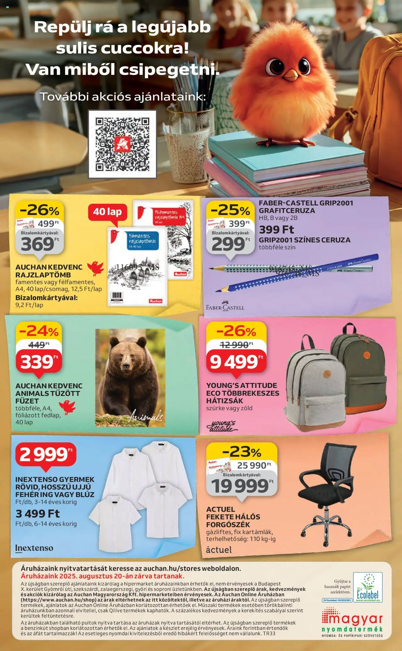 Auchan akciós ujság - amely érvényes a következő dátumtól: 14.08.2025 | Oldal: 54 | Termékek: Hátizsák, Forgószék, Ing, Blúz