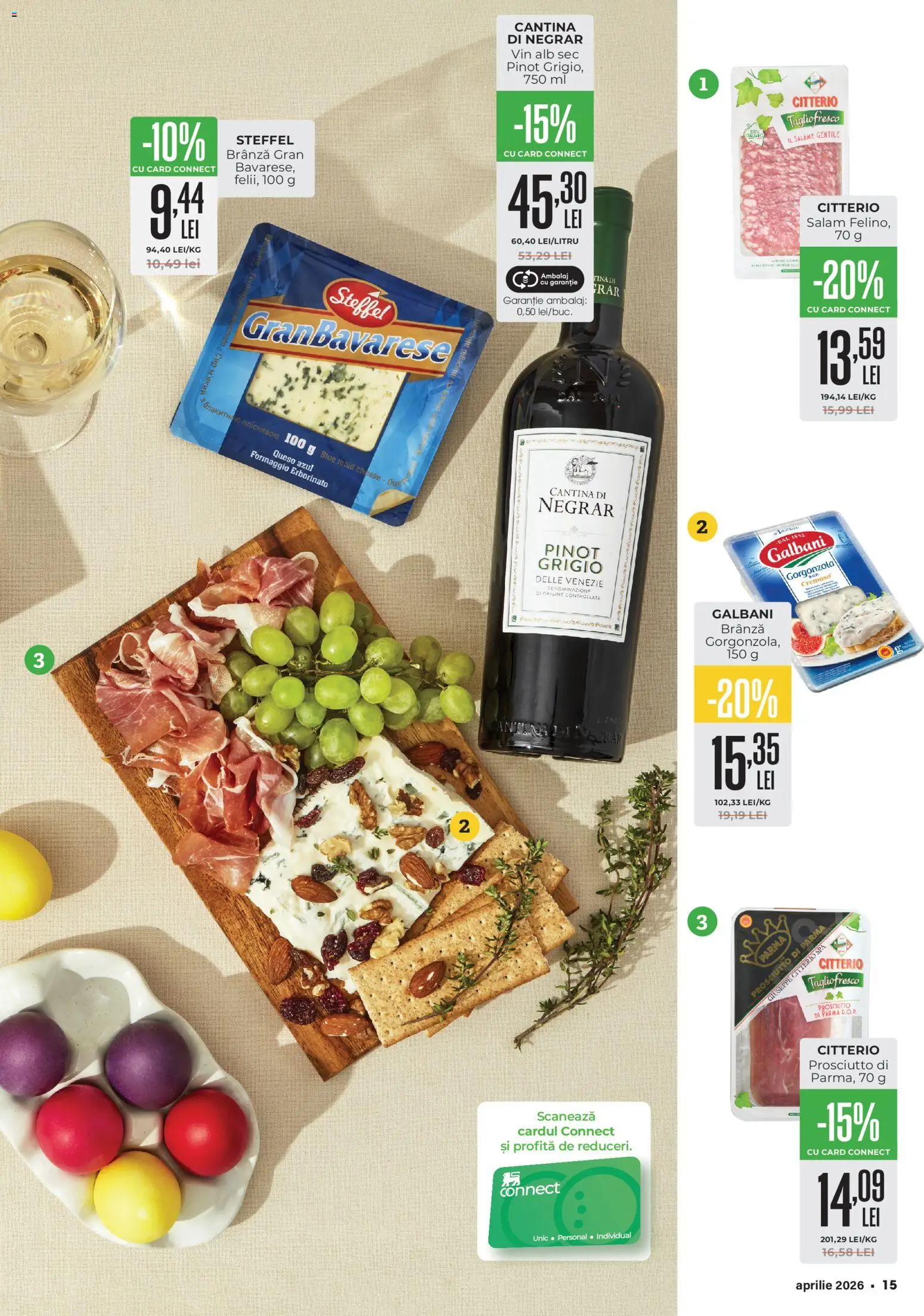 Noul catalog Mega Image – valabil de la 26.03.2026 | Pagină: 15 | Produse: Brânză, Gorgonzola, Salam, Vin