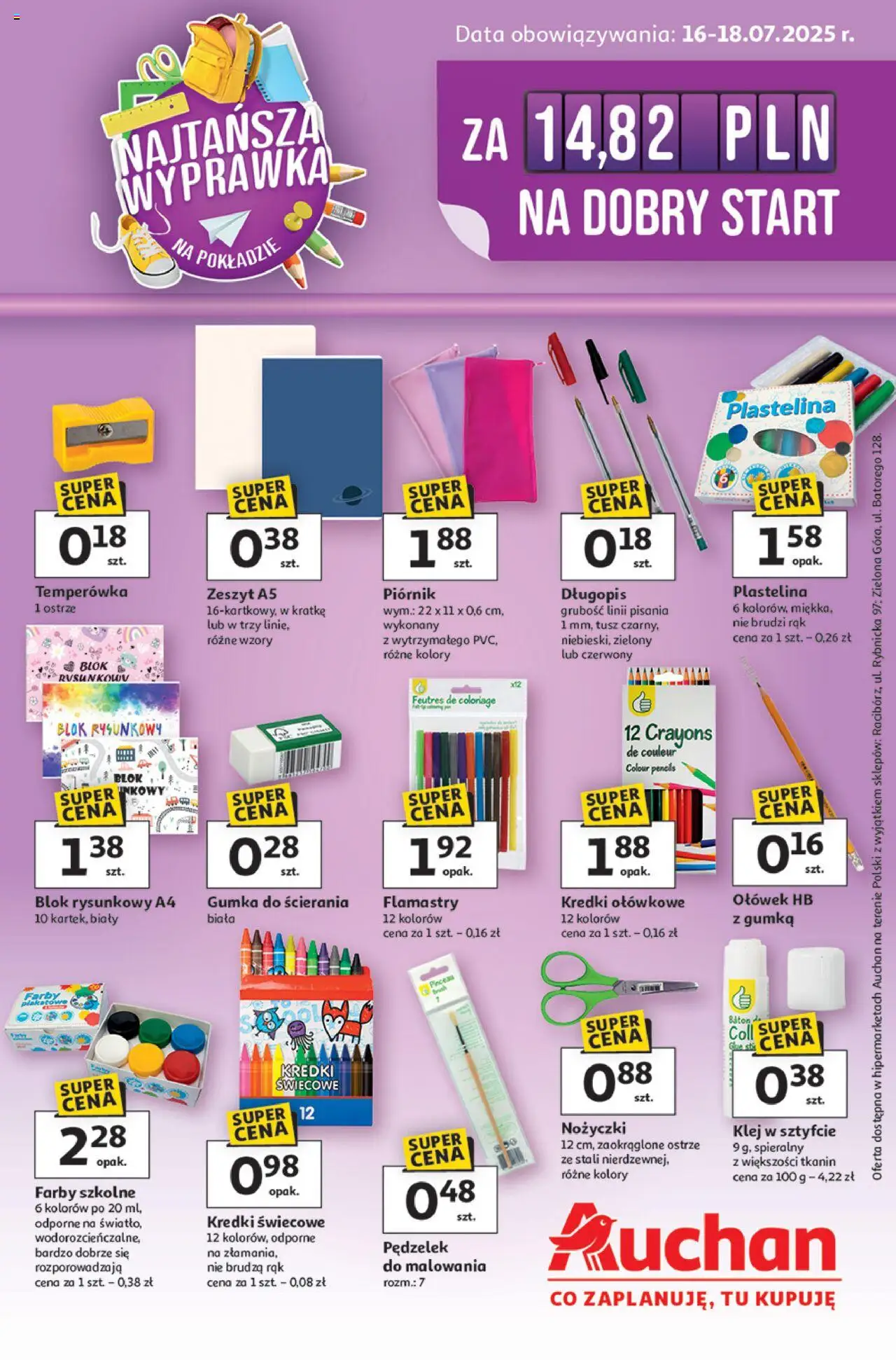 Auchan Gazetka - Najtańsza Wyprawka Szkolna Hipermarket od 16.07.2025 | Strona: 1 | Produkty: Temperówka, Zeszyt, Baton
