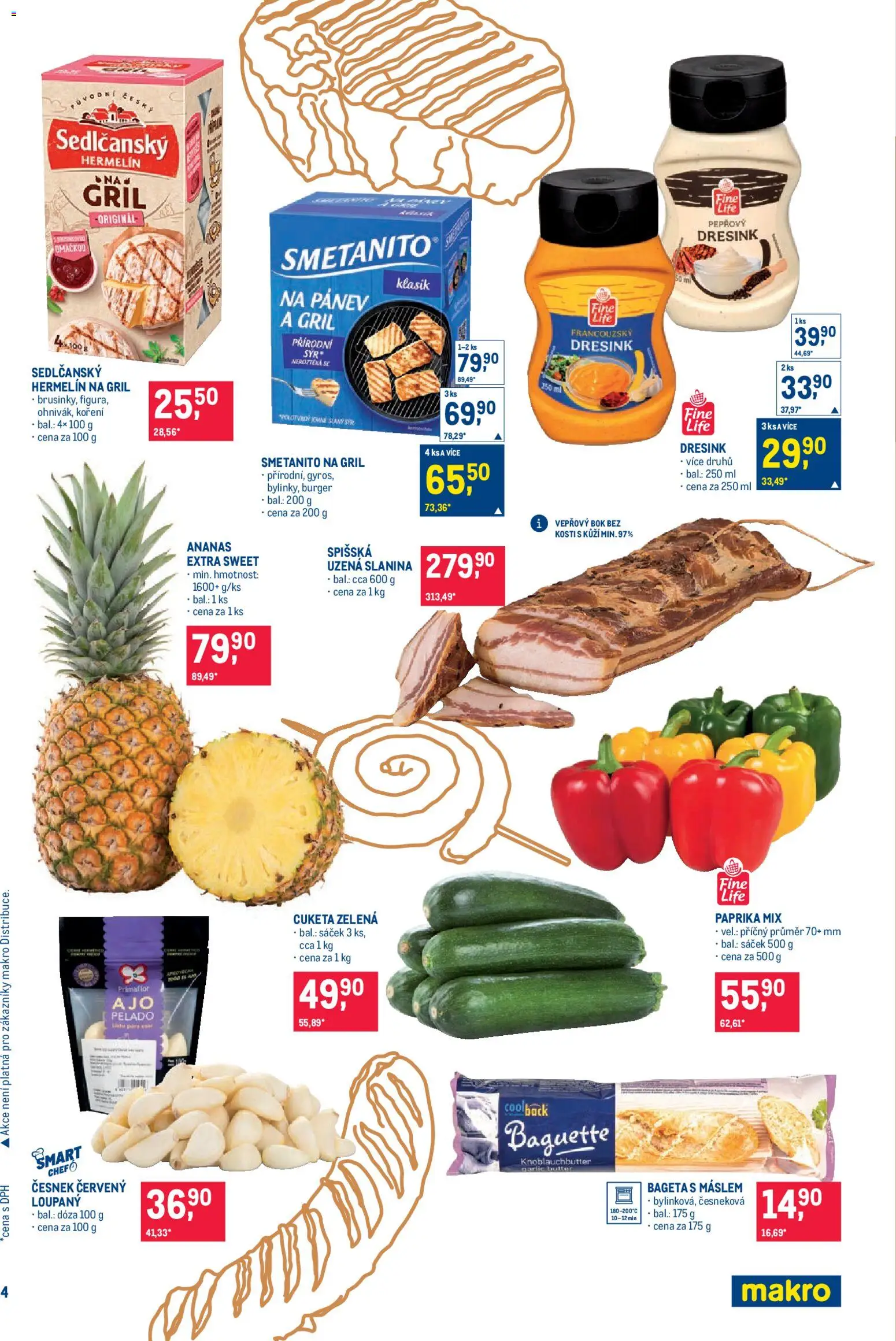 Makro leták - Pro milovníky jídla od 22.04.2026 | Strana: 4 | Produkty: Sedlčanský Hermelín, Vepřový bok bez kosti, Slanina, Bageta