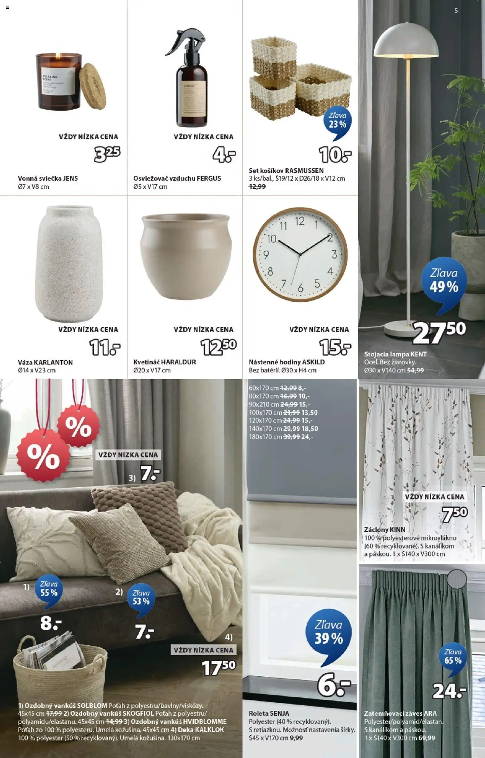 Nové JYSK akcie – leták je platný od 21.01.2026 | Strana: 5 | Produkty: Vankúš, Lampa, Osviežovač vzduchu, Nástenne hodiny