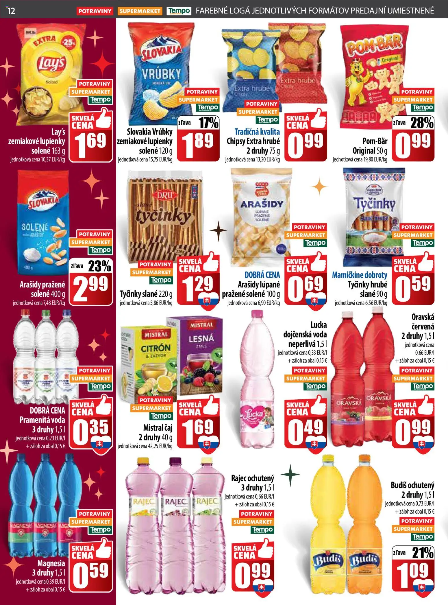 Nové COOP Jednota akcie – leták je platný od 18.12.2025 | Strana: 12 | Produkty: Čaj, Lucka, Chipsy, Voda