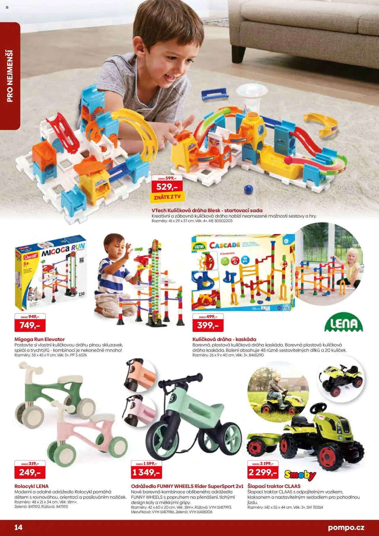 POMPO katalog Vánoce 2025 od 16.10.2025 | Strana: 14 | Produkty: Kuličková dráha, Tv, Šlapací traktor, Odrážedlo