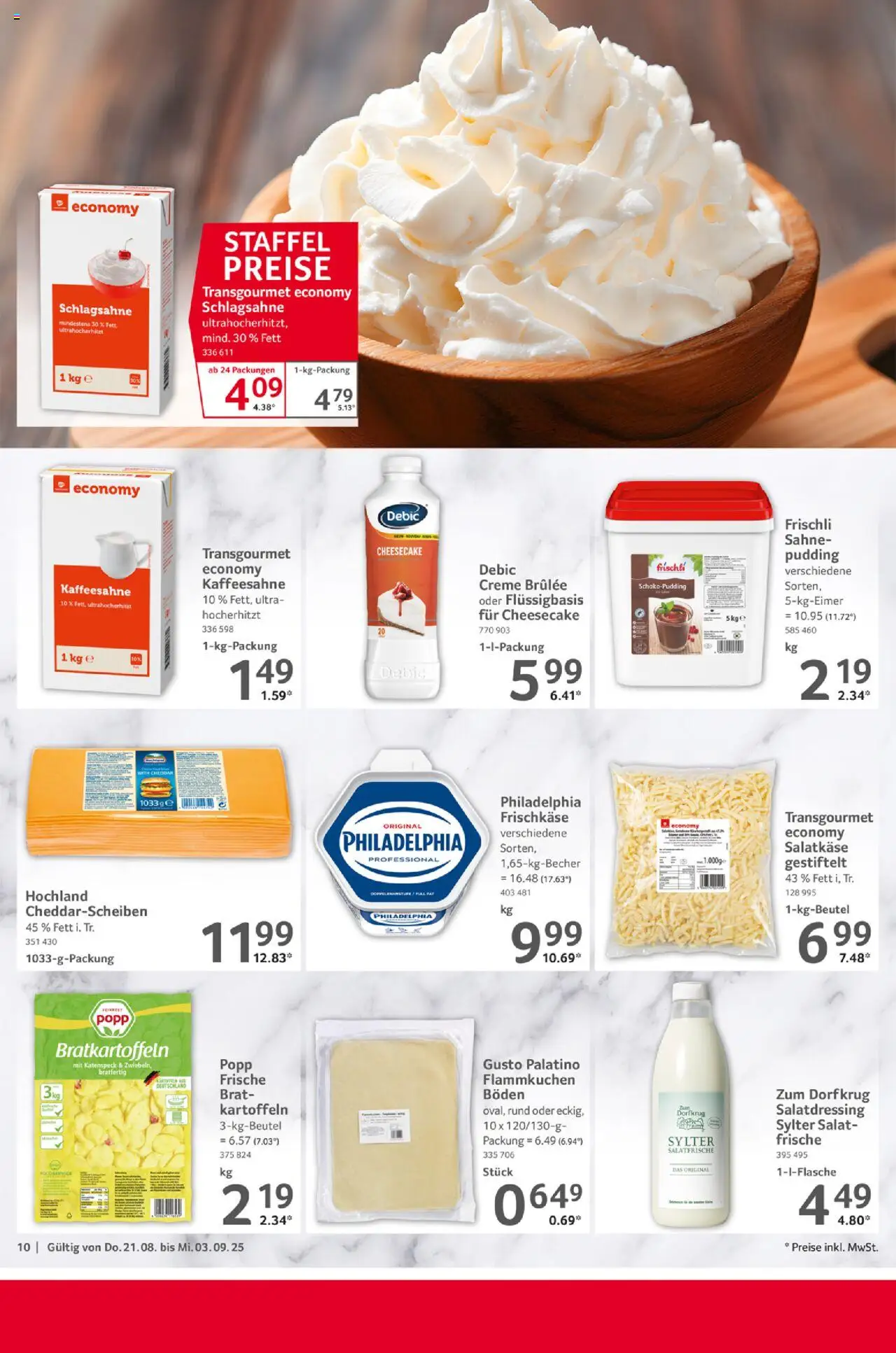 Selgros Gastronomie - gültig ab dem 21.08.2025 | Seite: 10 | Produkte: Schlagsahne, Philadelphia, Kartoffeln, Salat