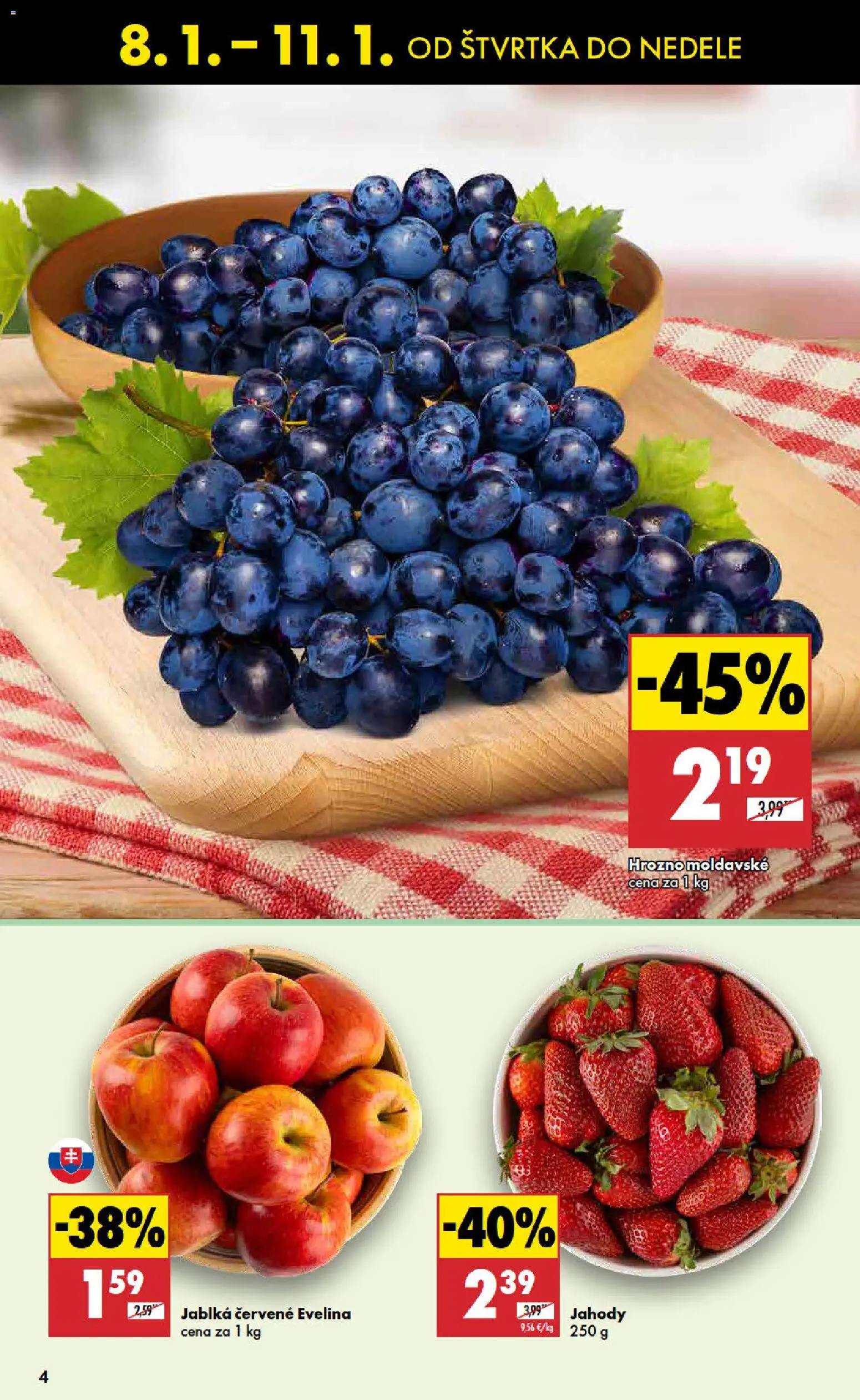 Nové Biedronka akcie – leták je platný od 08.01.2026 | Strana: 4 | Produkty: Jablká, Jahody, Hrozno