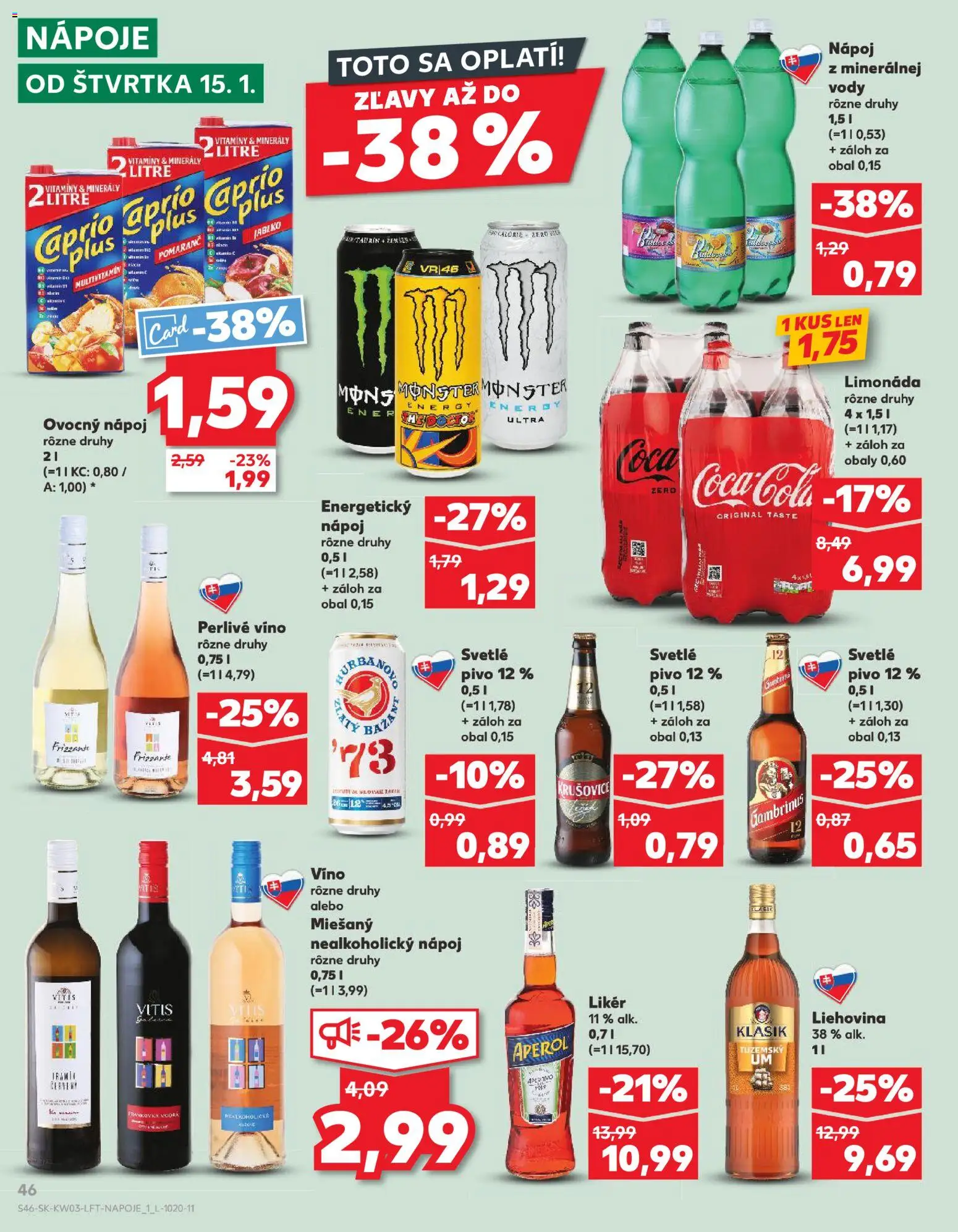 Nové Kaufland akcie – leták je platný od 15.01.2026 | Strana: 46 | Produkty: Pivo, Aperol, Perlivé víno, Energetický nápoj