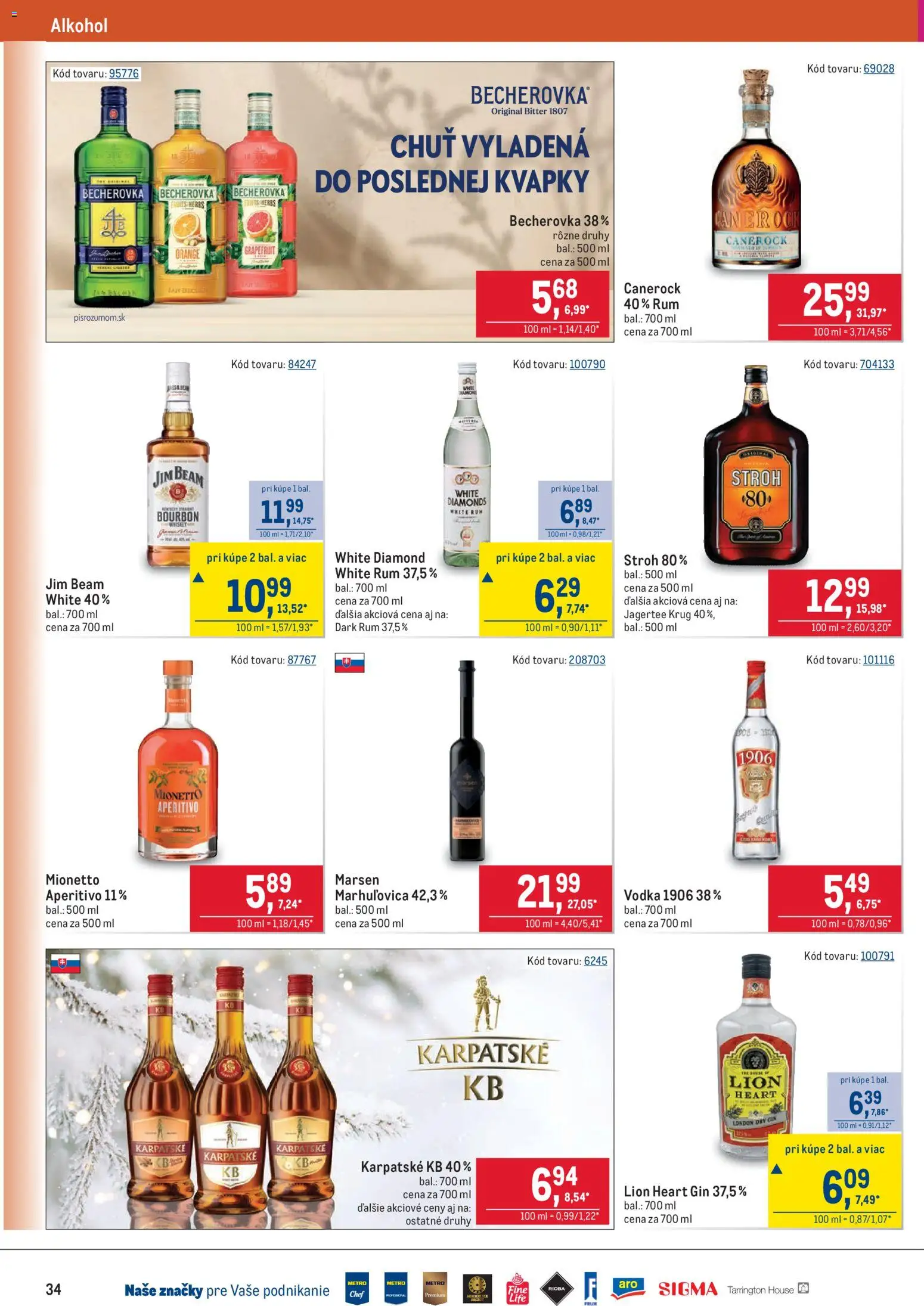 Nové Metro akcie – leták je platný od 28.01.2026 | Strana: 34 | Produkty: Becherovka, Bourbon, Alkohol, Rum