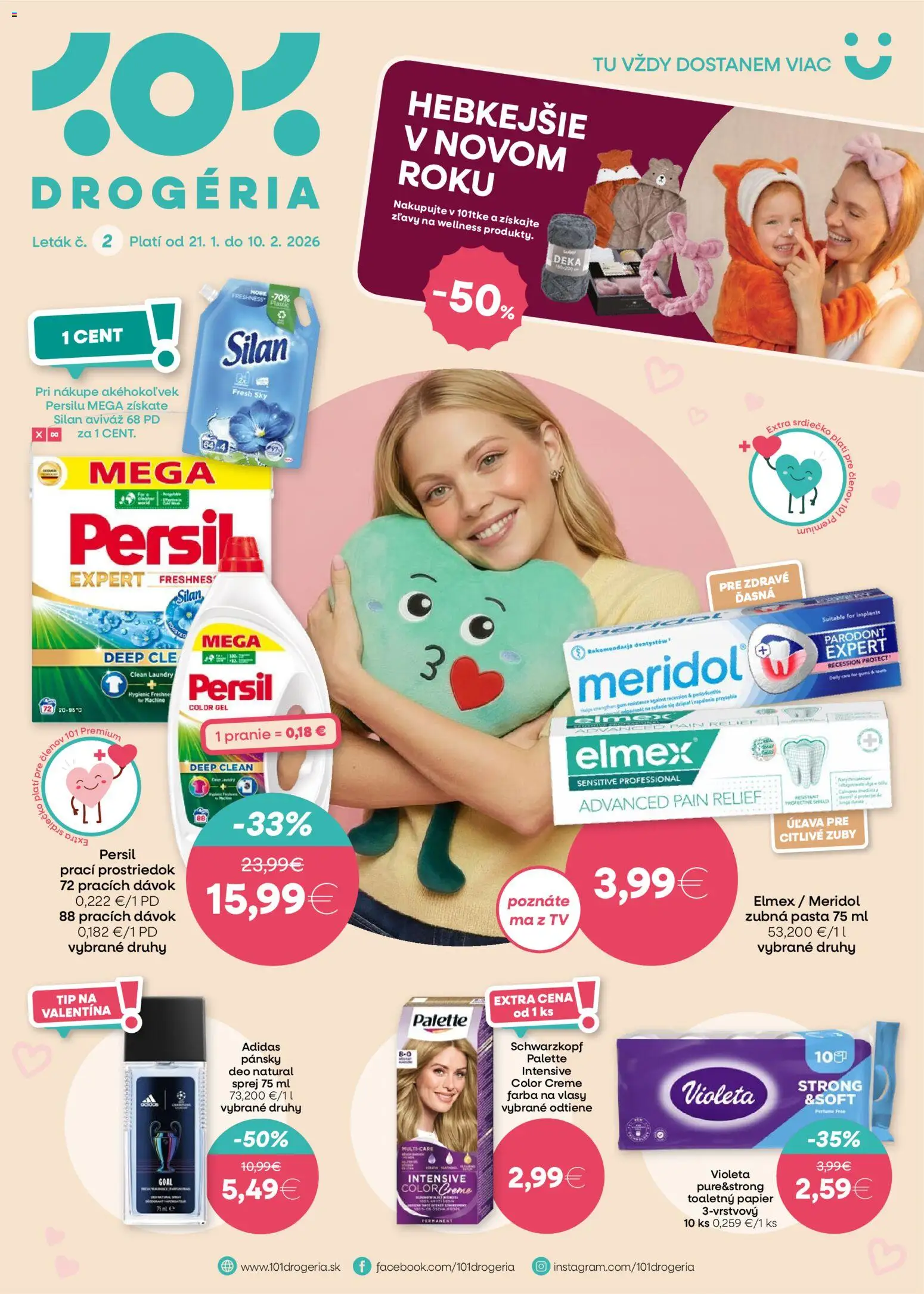 Nové 101 drogerie akcie – leták je platný od 21.01.2026 | Strana: 1 | Produkty: Tv, Silan, Toaletný papier, Farba na vlasy
