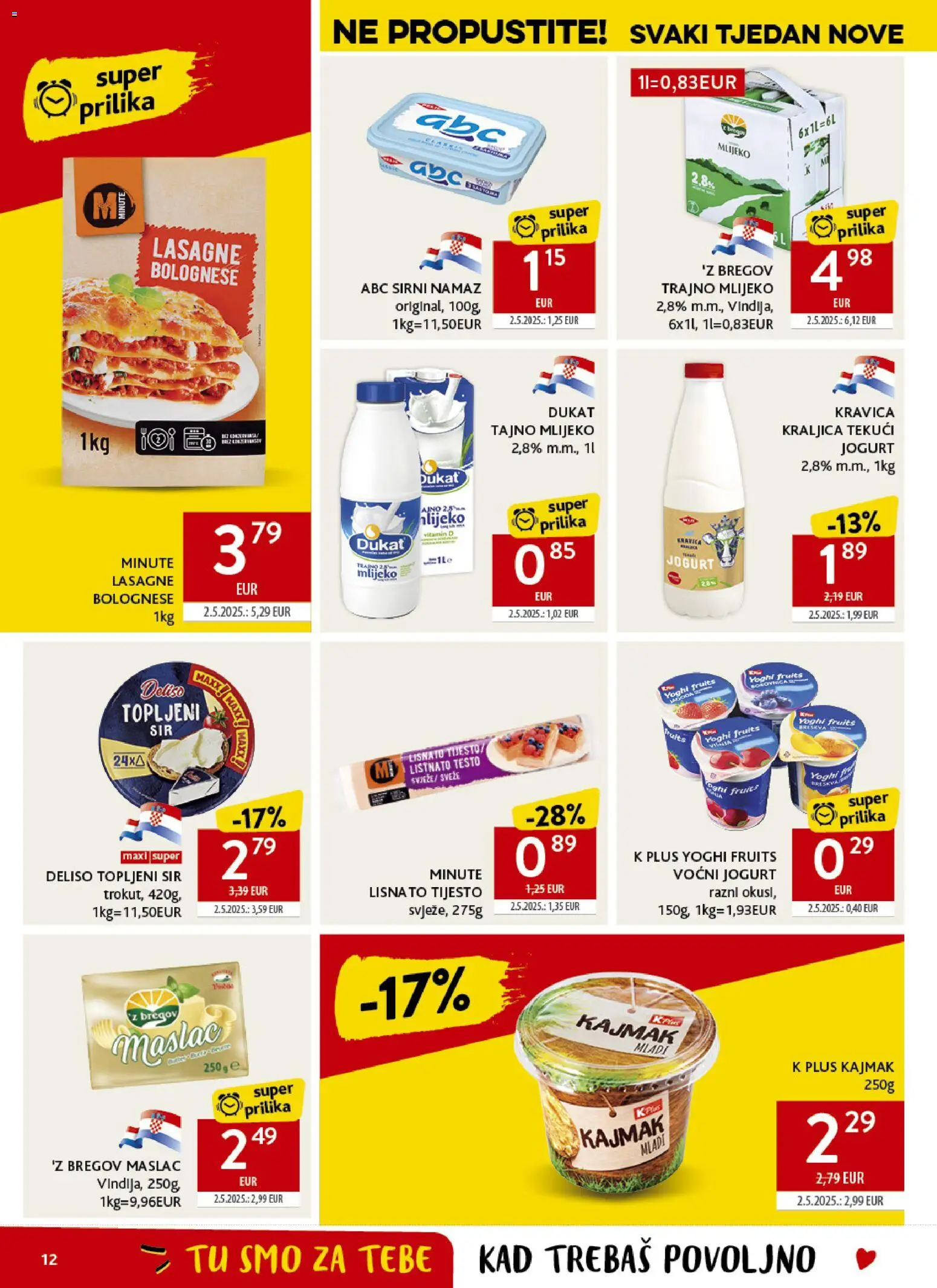 Konzum katalog | vrijedi od 08.04.2026 | Stranica: 12 | Proizvodi: Sir, Voćni jogurt, Trajno mlijeko, Namaz
