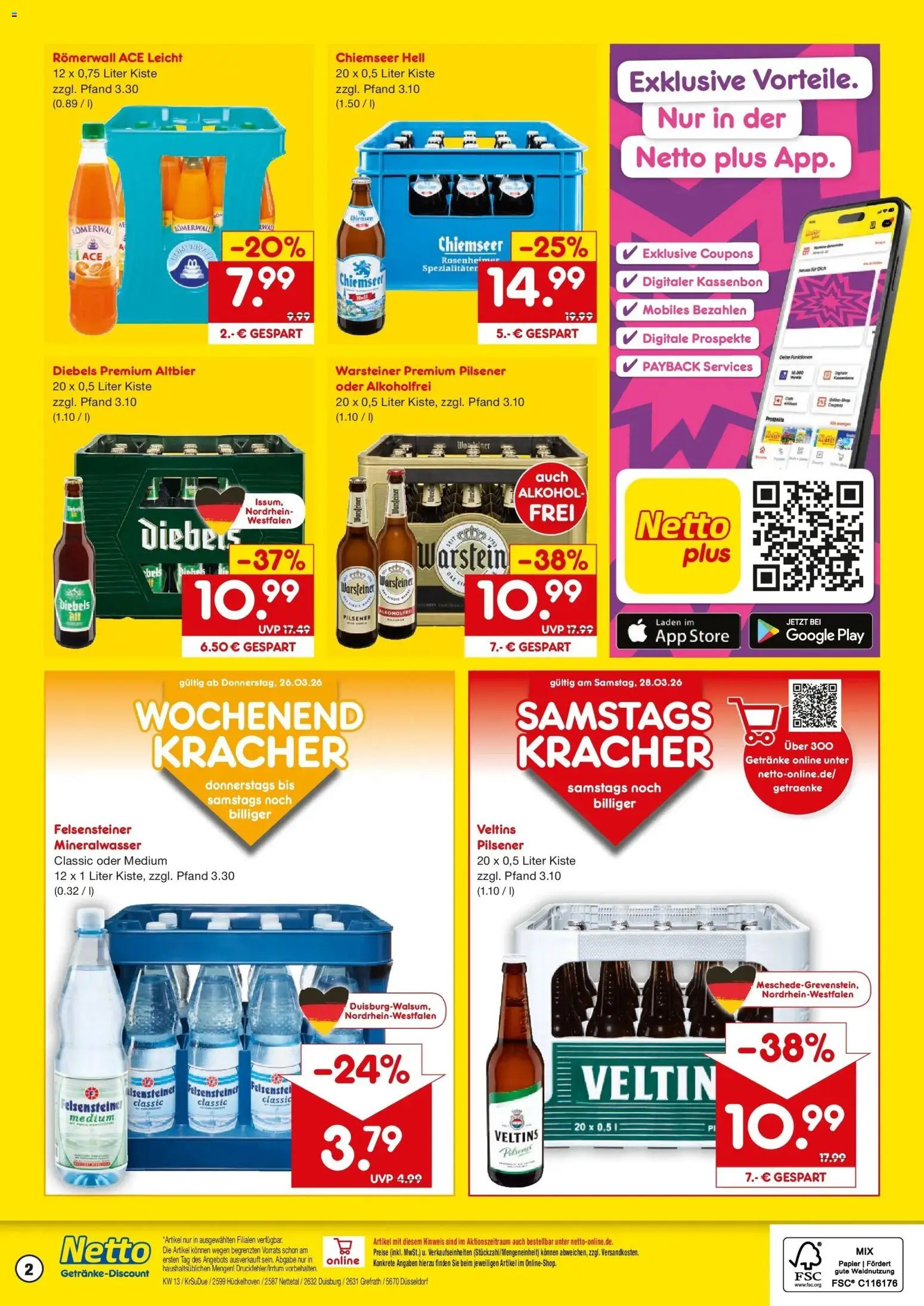 Netto Marken-Discount Prospekt Düsseldorf	 – gültig ab 23.03.2026 | Seite: 2 | Produkte: Mineralwasser, Warsteiner, Diebels, Veltins