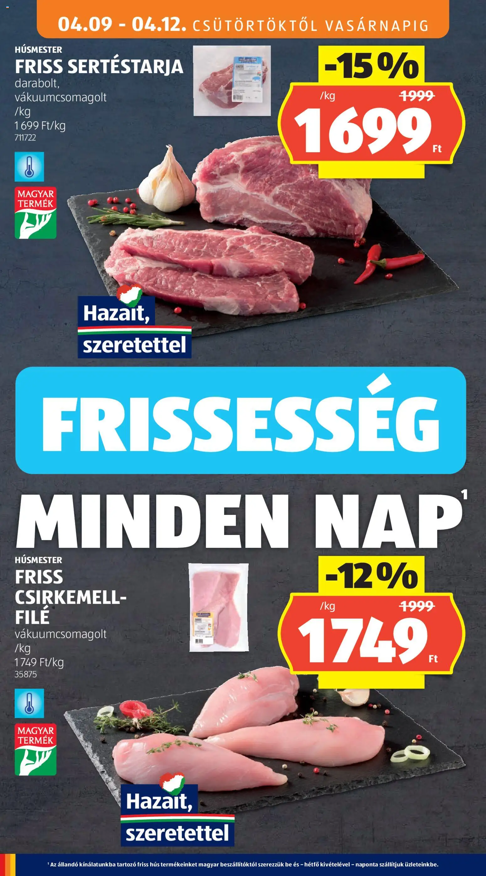 Aldi akciós ujság - amely érvényes a következő dátumtól: 09.04.2026 | Oldal: 12 | Termékek: Sertéstarja, Hús, Margarin, Csirkemell