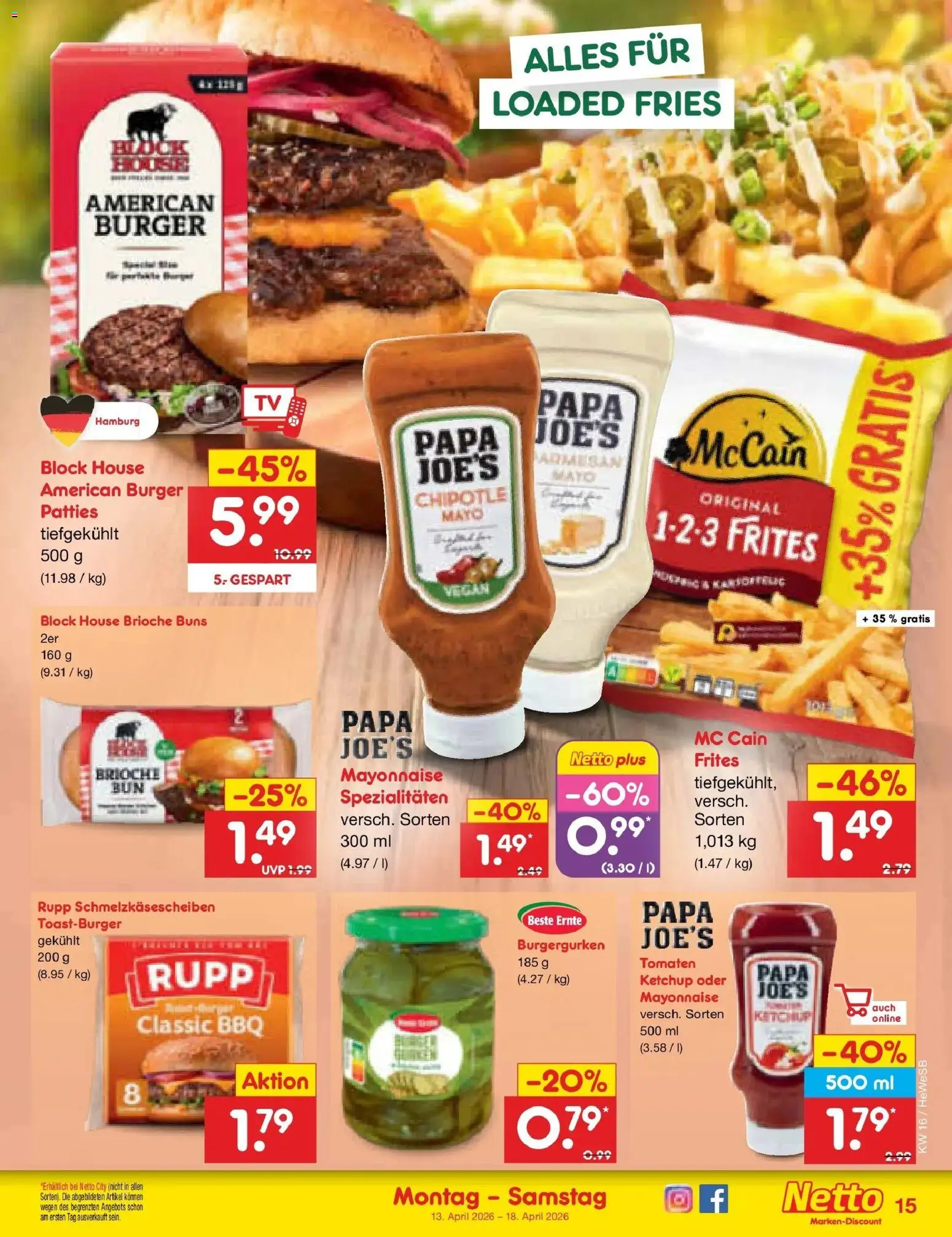 Netto Marken-Discount Prospekt Hamburg	 – gültig ab 13.04.2026 | Seite: 17 | Produkte: Burger, Tomaten, McCain, Ketchup