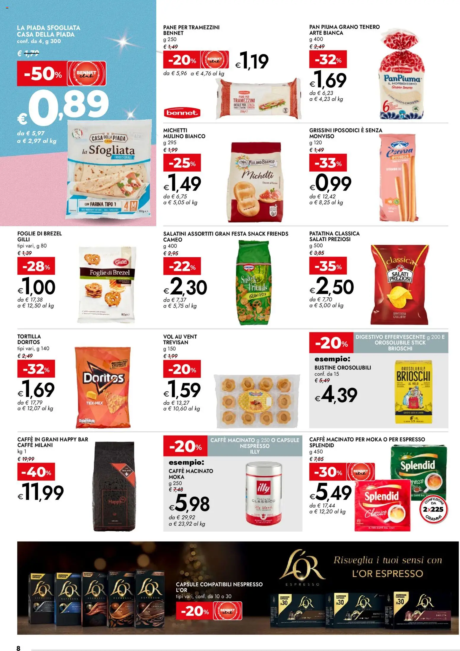 Volantino bennet del 11.12.2025 | Pagina: 8 | Prodotti: Salatini, Pane, Farina, Caffè in grani