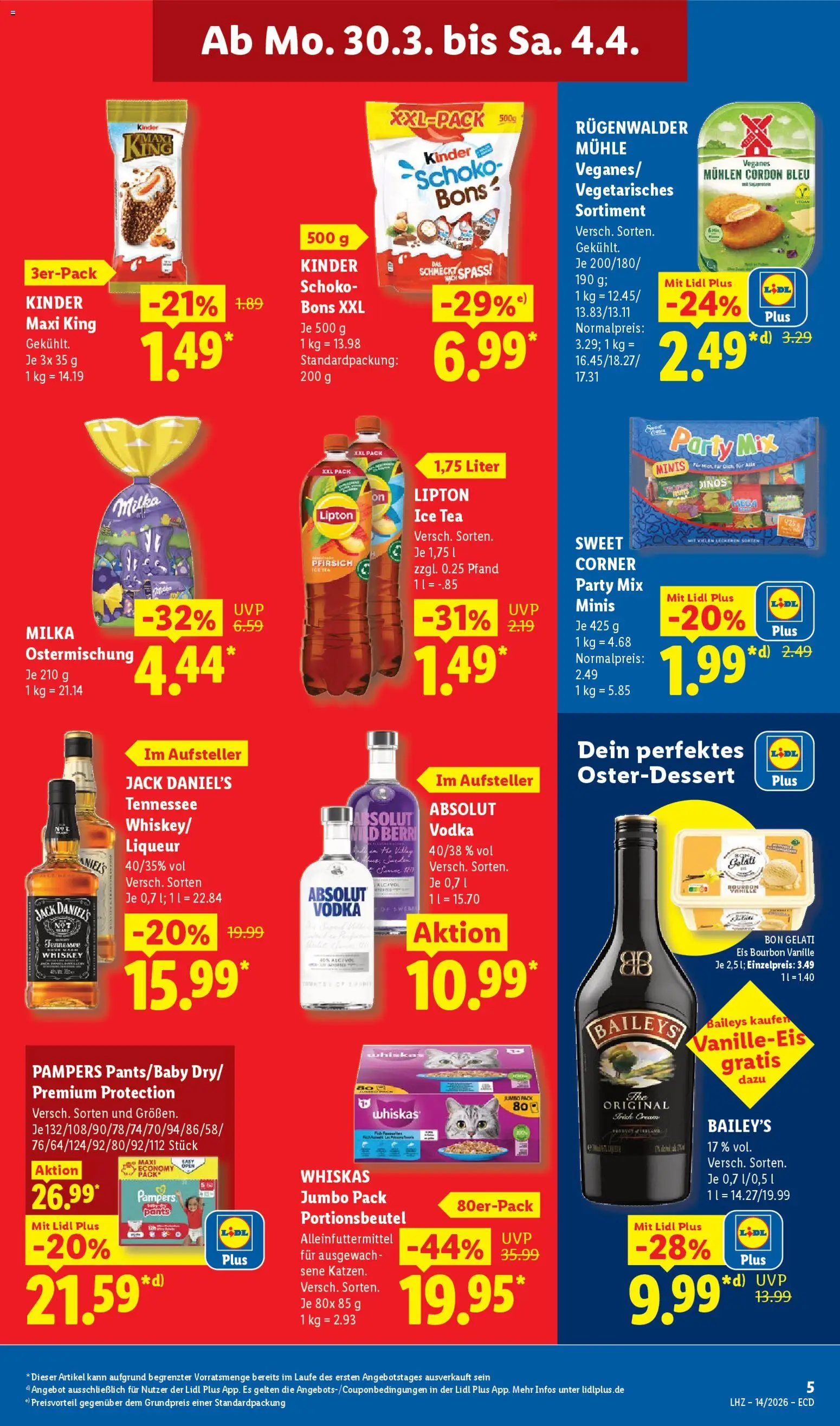 Lidl Německo leták od 30.03.2026 | Strana: 15 | Produkty: Whiskas, Bon Gelati, Jack Daniel’s, Baileys