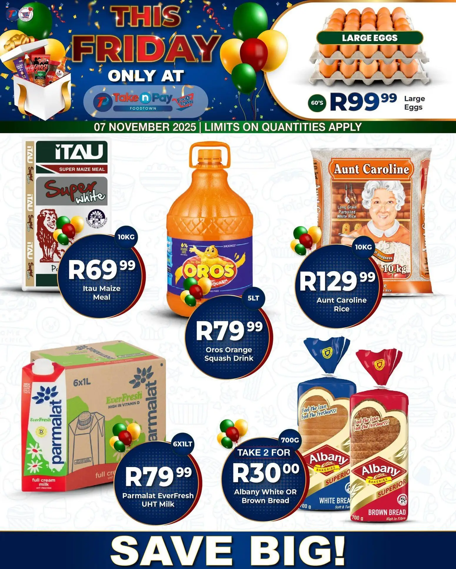 New Take n Pay catalogue – valid from 07.11.2025 | Page: 1 | Products: Squash, Maize meal, Bread, Rice