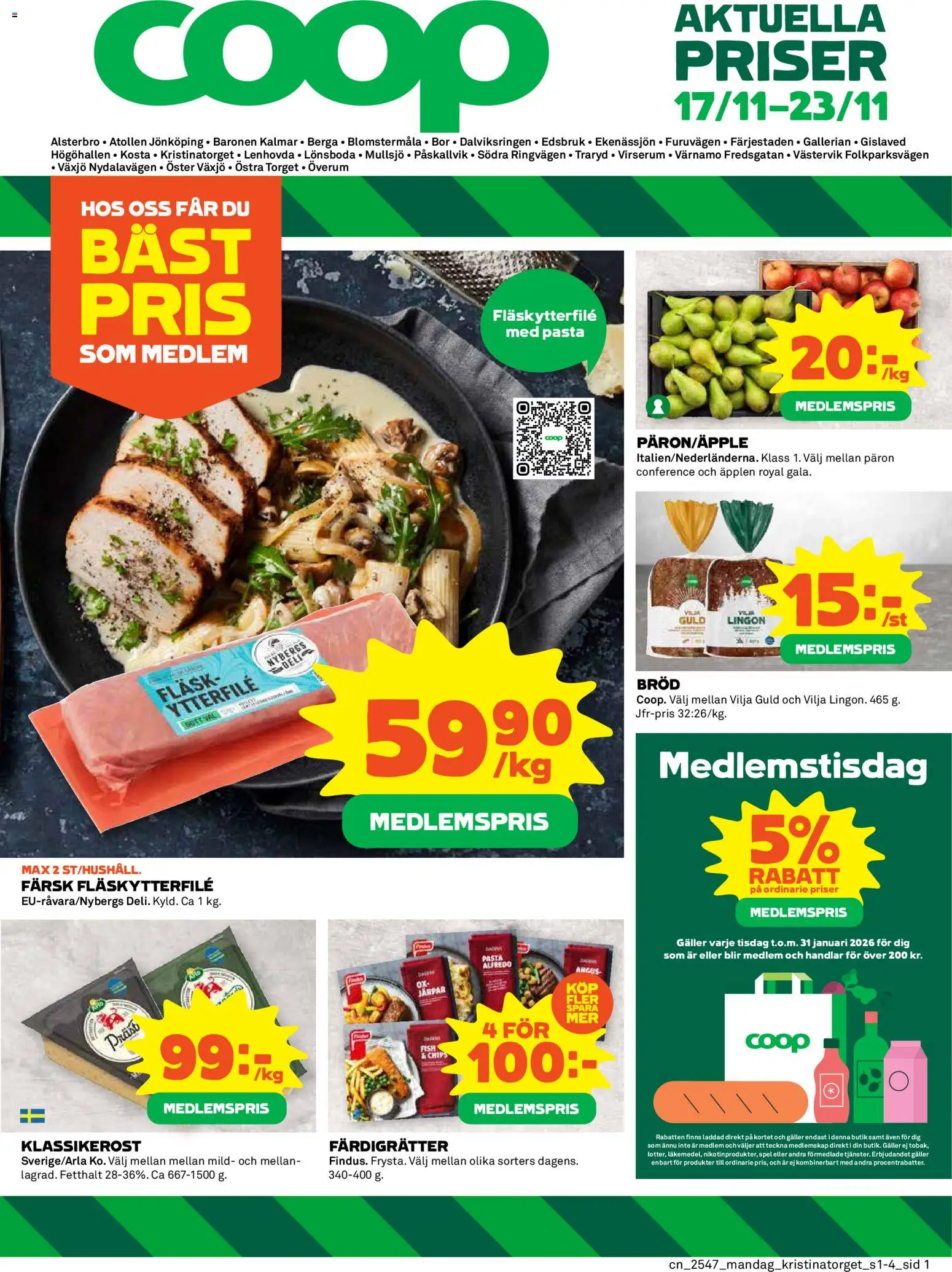 Coop reklamblad aktuell från 17.11.2025 | Sida: 1 | Produkter: Fläskytterfilé, Chips, Bröd, Spel