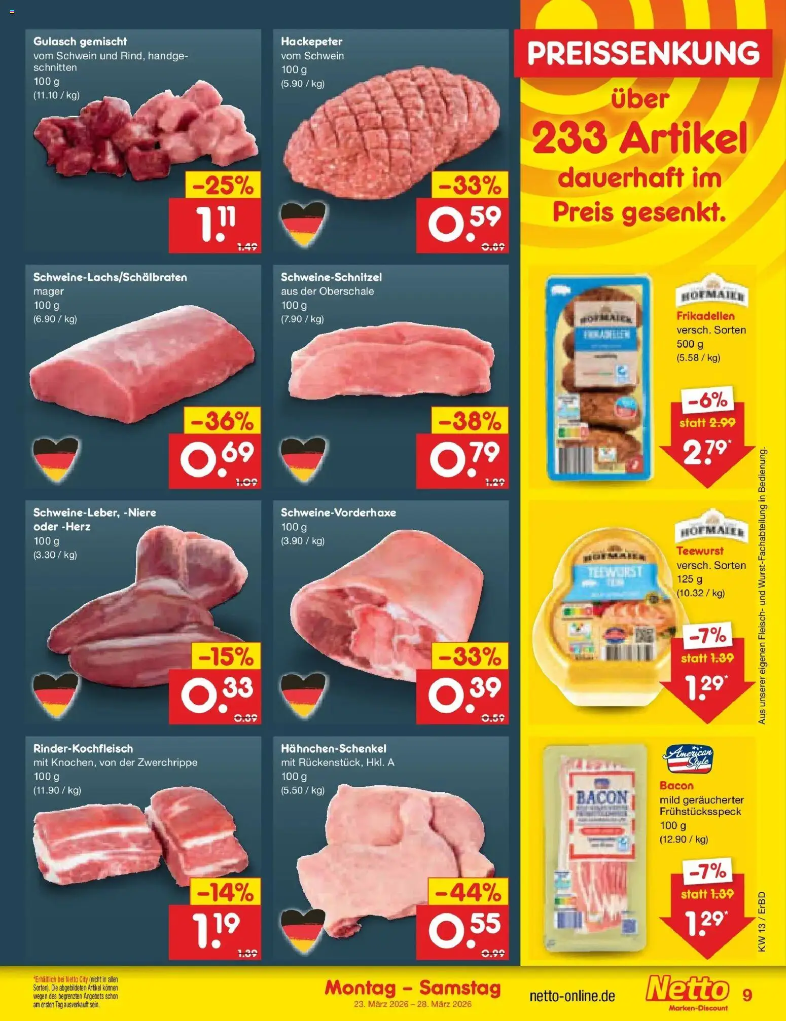 Netto Marken-Discount Prospekt Jena-Lobeda	 – gültig ab 23.03.2026 | Seite: 9 | Produkte: Hahnchenschenkel, Gulasch, Fleisch