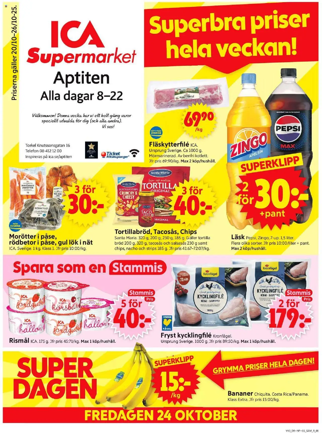 ICA Supermarket reklamblad aktuell från 20.10.2025 | Sida: 1 | Produkter: Tacosås, Chips, Körsbär, Apelsin