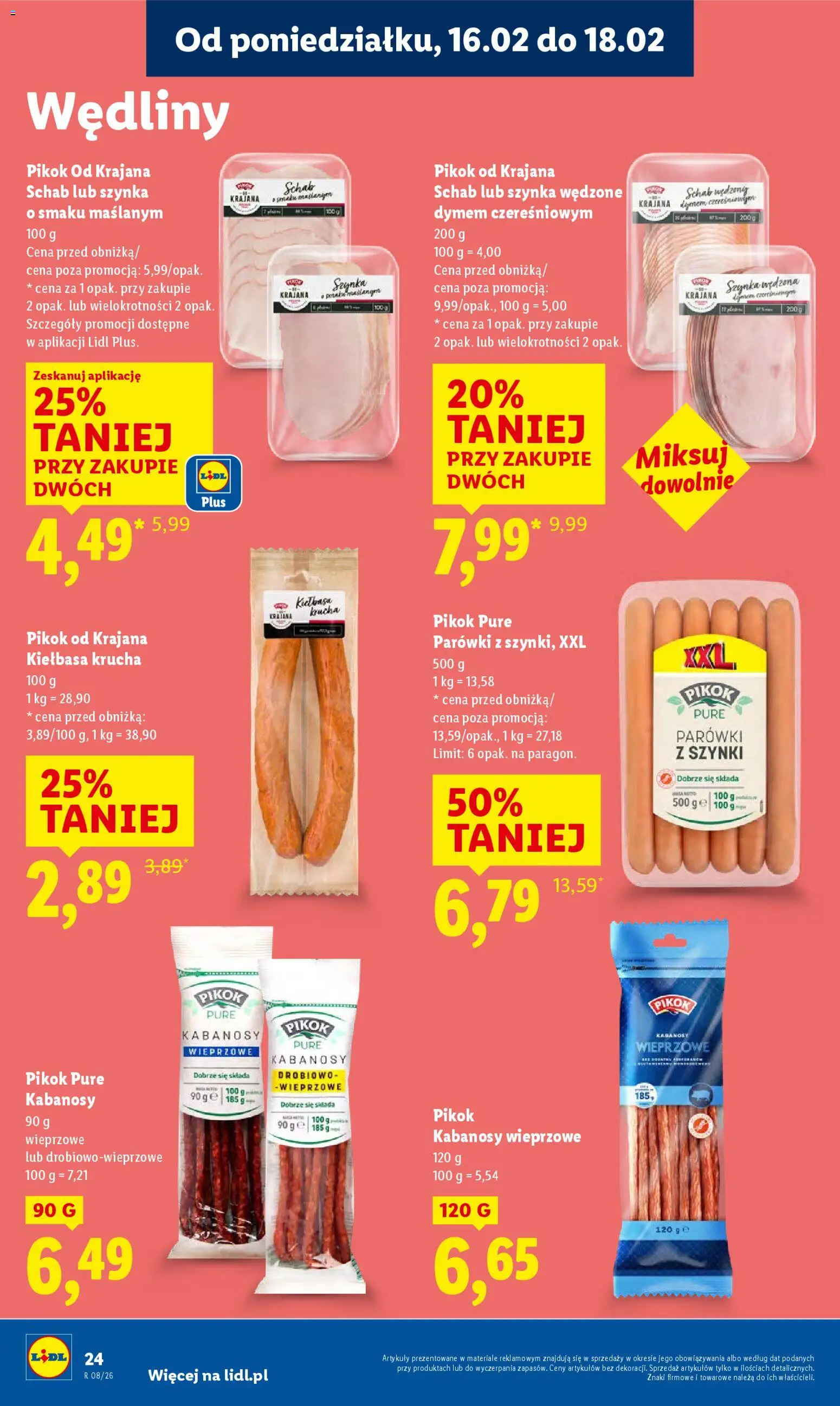 Lidl Gazetka od 16.02.2026 | Strona: 24 | Produkty: Kiełbasa, Schab, Kabanosy, Parówki