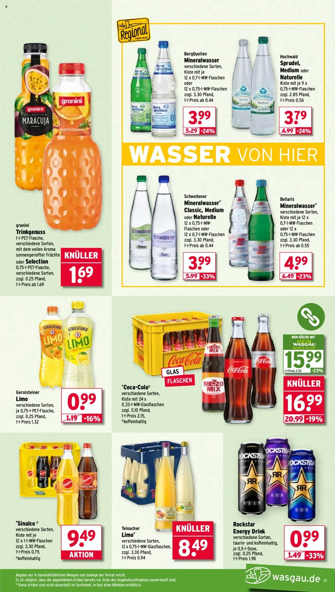 Wasgau Prospekt 	 - gültig ab dem 11.08.2025 | Seite: 21 | Produkte: Coca cola, Energy, Rockstar, Wasser