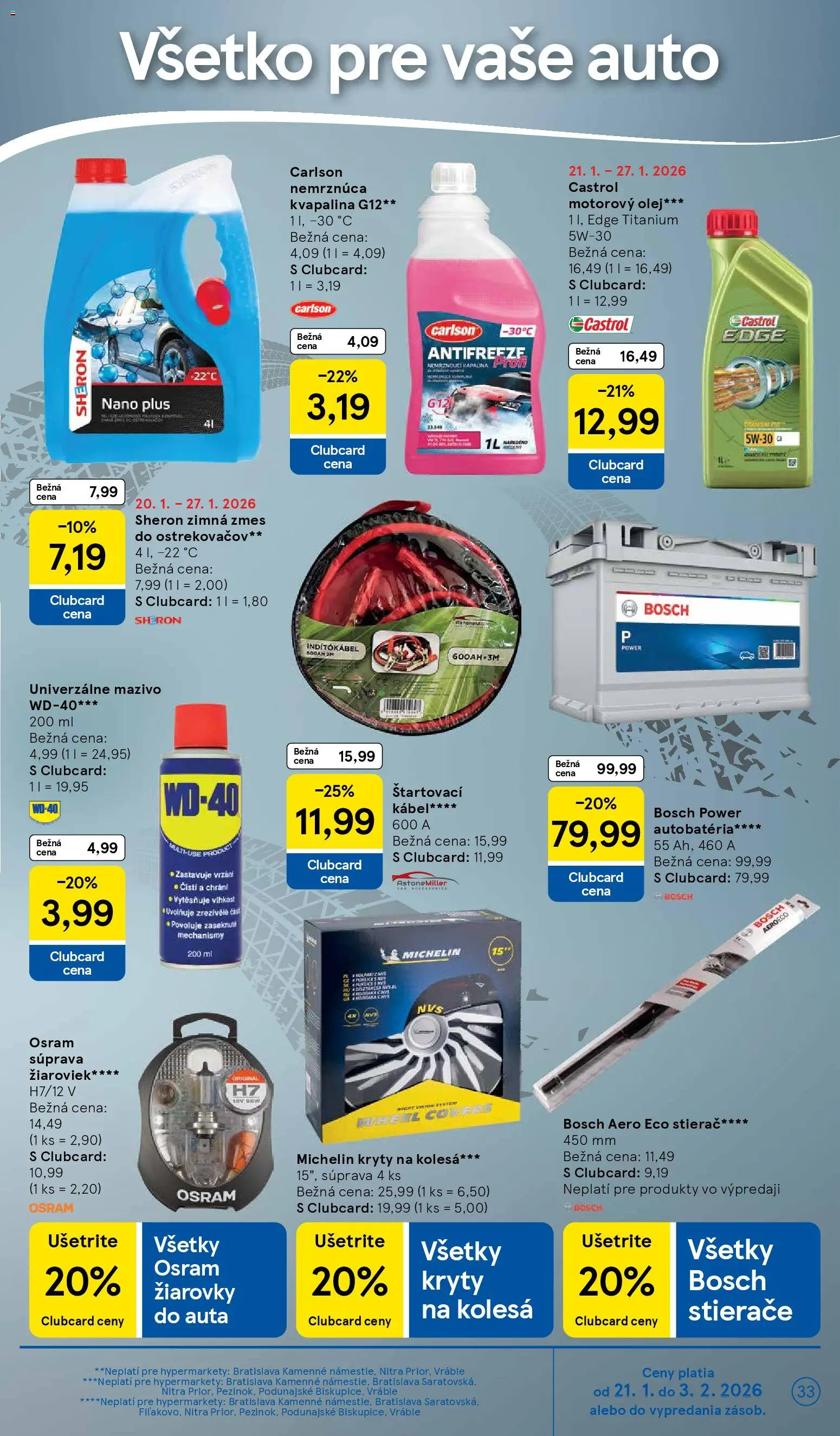 Nové Tesco akcie – leták je platný od 21.01.2026 | Strana: 33 | Produkty: Žiarovky, Autobatéria, Bosch