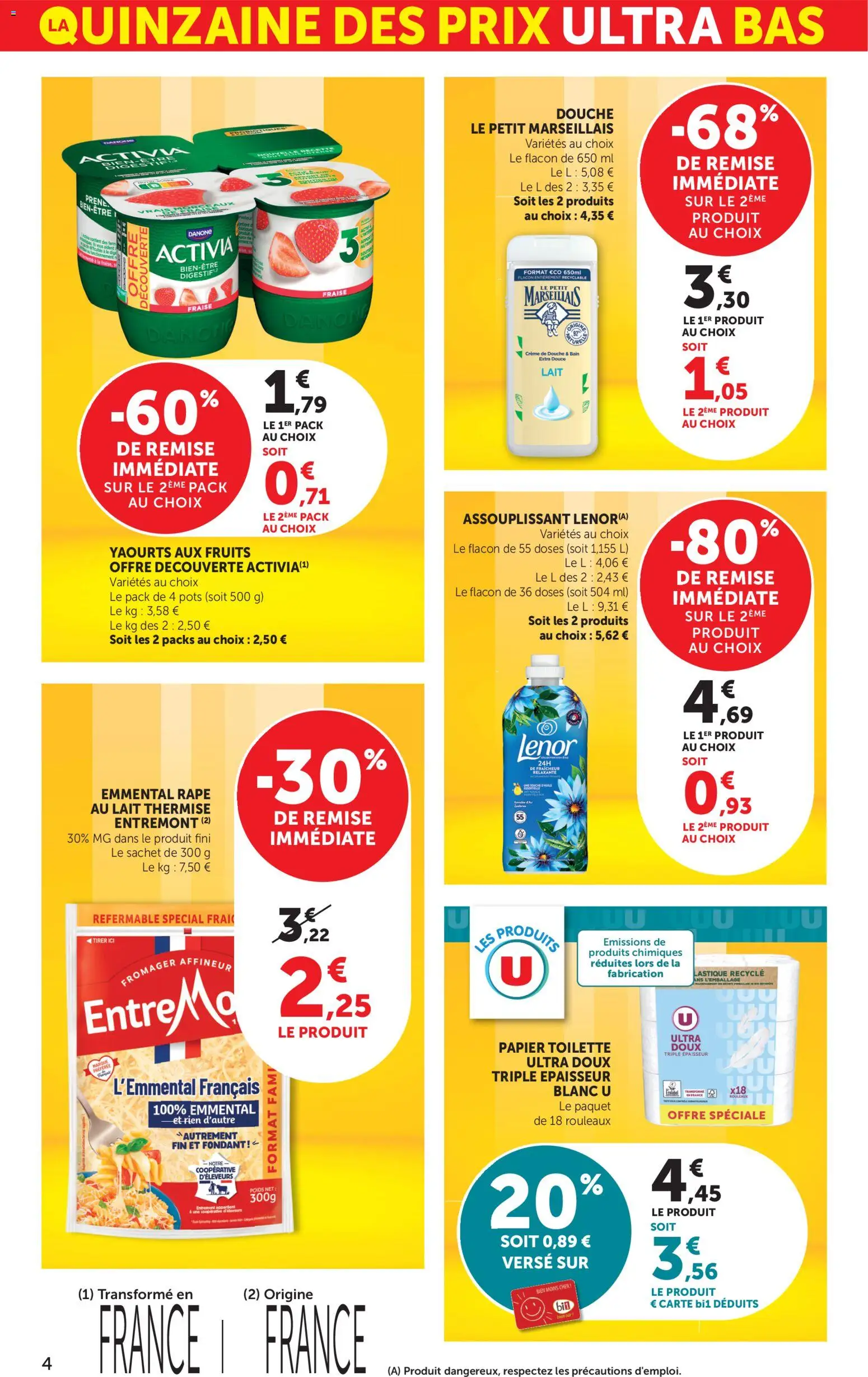 {H1} | Page: 4 | Produits: Yaourts, Papier toilette, Douche, Crème