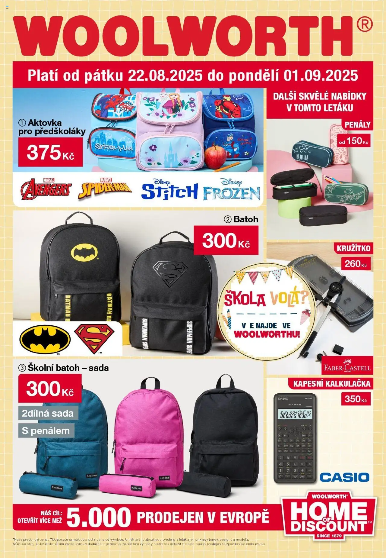 Woolworth leták od 22.08.2025 - akční nabídka | Strana: 1 | Produkty: Batoh, Kalkulačka, Kružítko, Cd