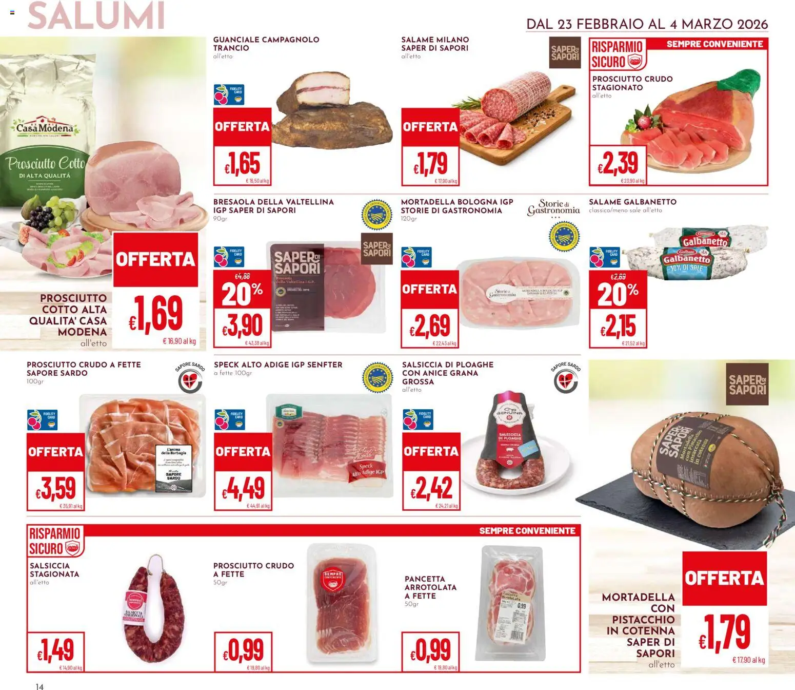 Volantino Pan del 23.02.2026 | Pagina: 14 | Prodotti: Prosciutto Crudo, Prosciutto Cotto, Bresaola, Sale