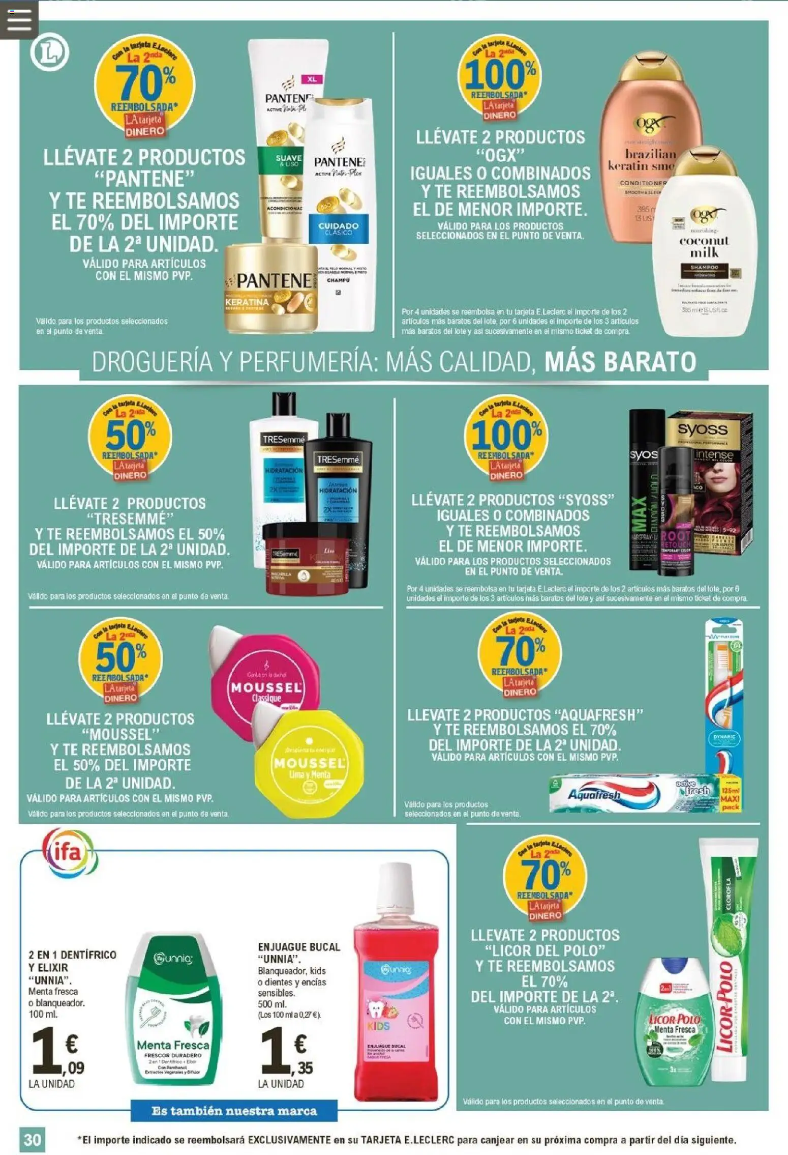 E.Leclerc folleto │ válido desde el 04.02.2026 | Página: 30 | Productos: Champú, Lima, Licor, Enjuague bucal
