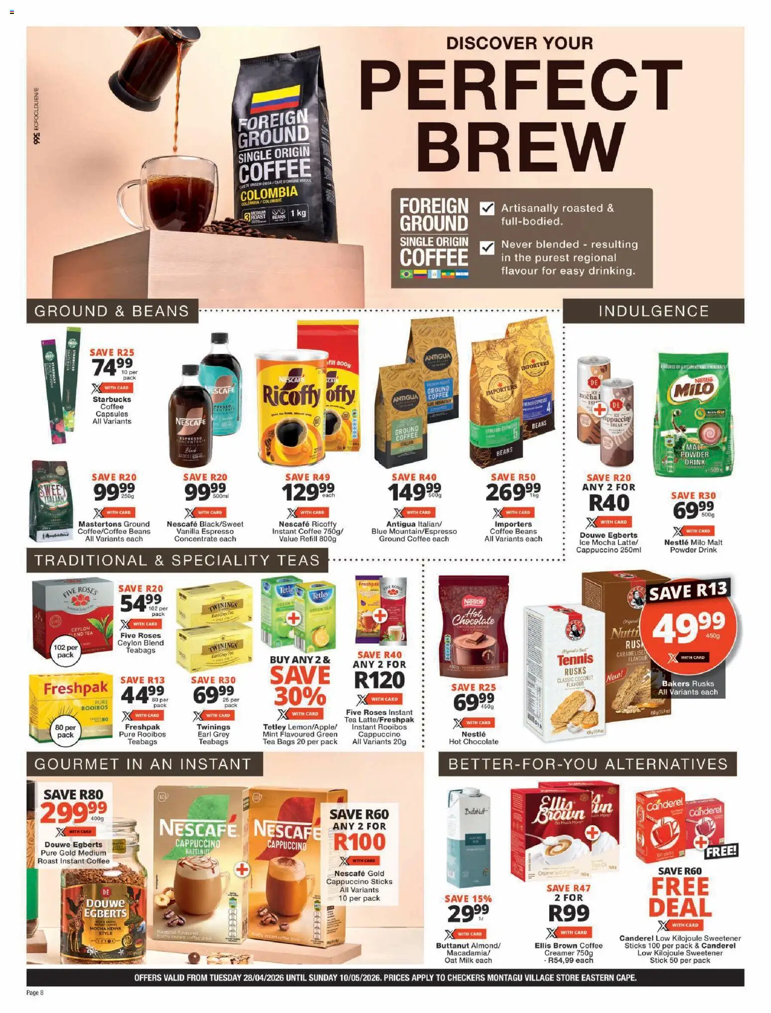 New Checkers catalogue – valid from 28.04.2026 | Page: 8 | Products: Beans, Hot chocolate, Milk, Tea