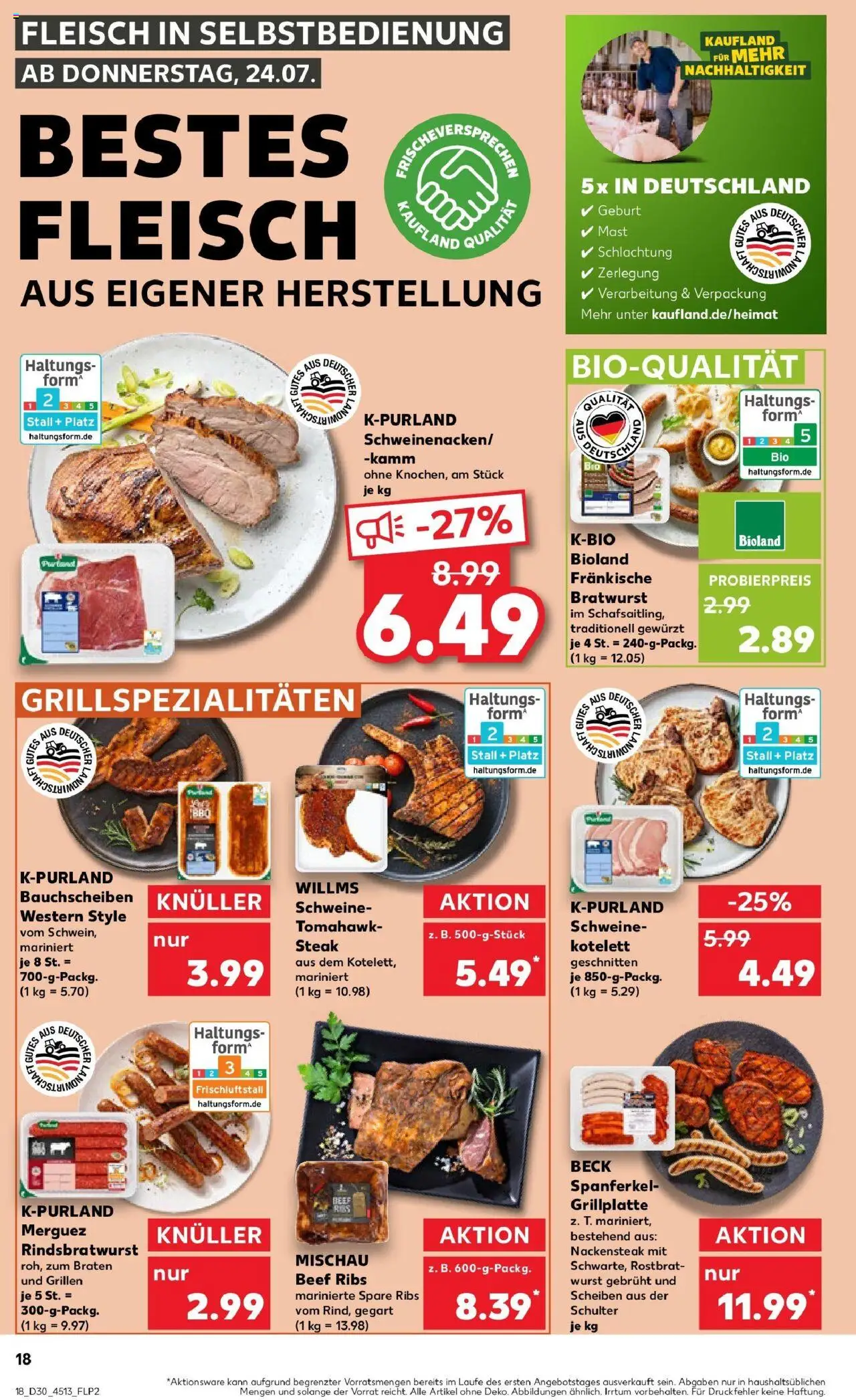 Kaufland prospekt Vilshofen An Der Donau	 - gültig ab dem 24.07.2025 | Seite: 18 | Produkte: Bratwurst, Spare ribs, Wurst, Fleisch