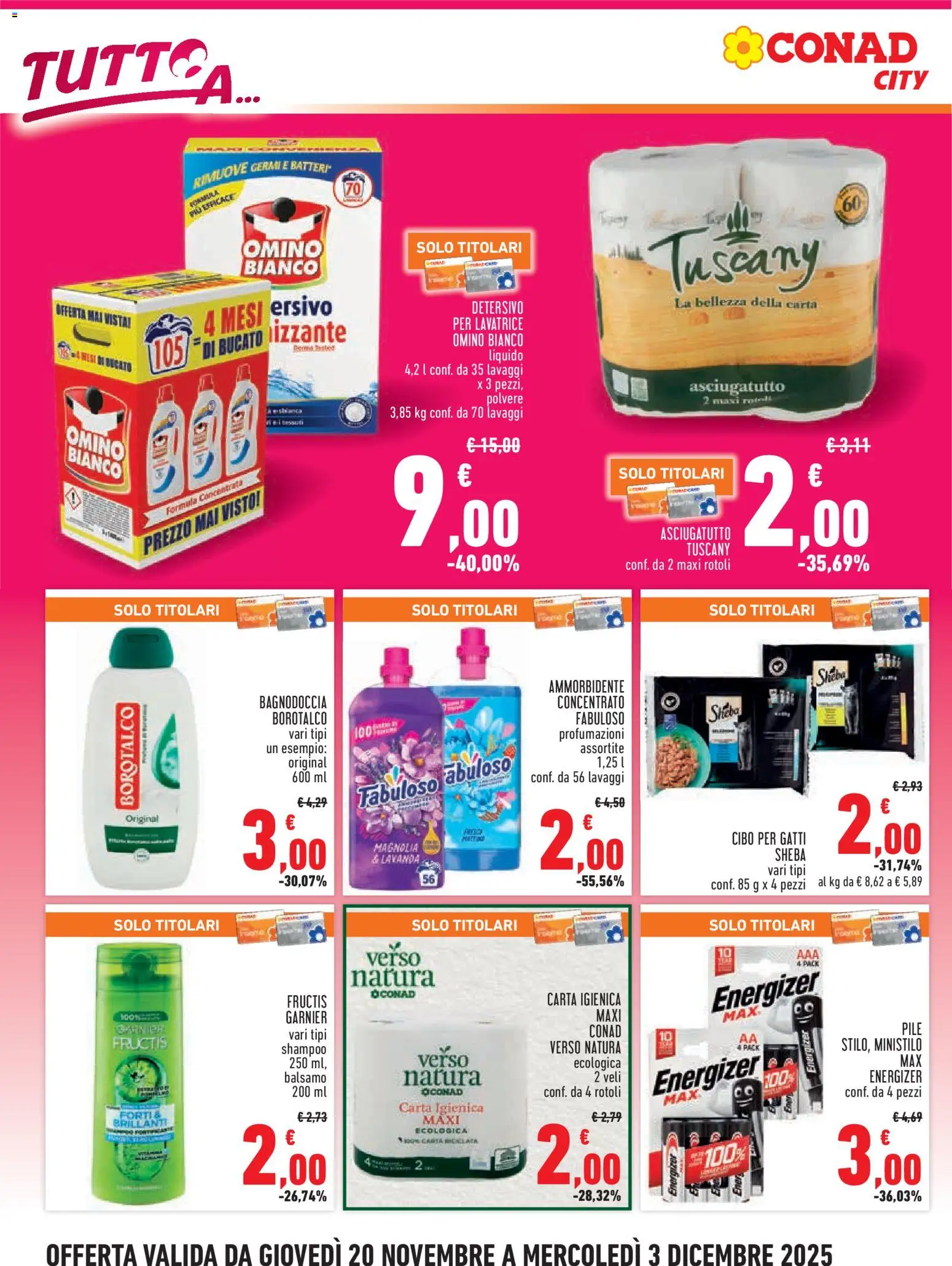 Volantino Conad del 20.11.2025 | Pagina: 4 | Prodotti: Shampoo, Balsamo, Ammorbidente, Asciugatutto