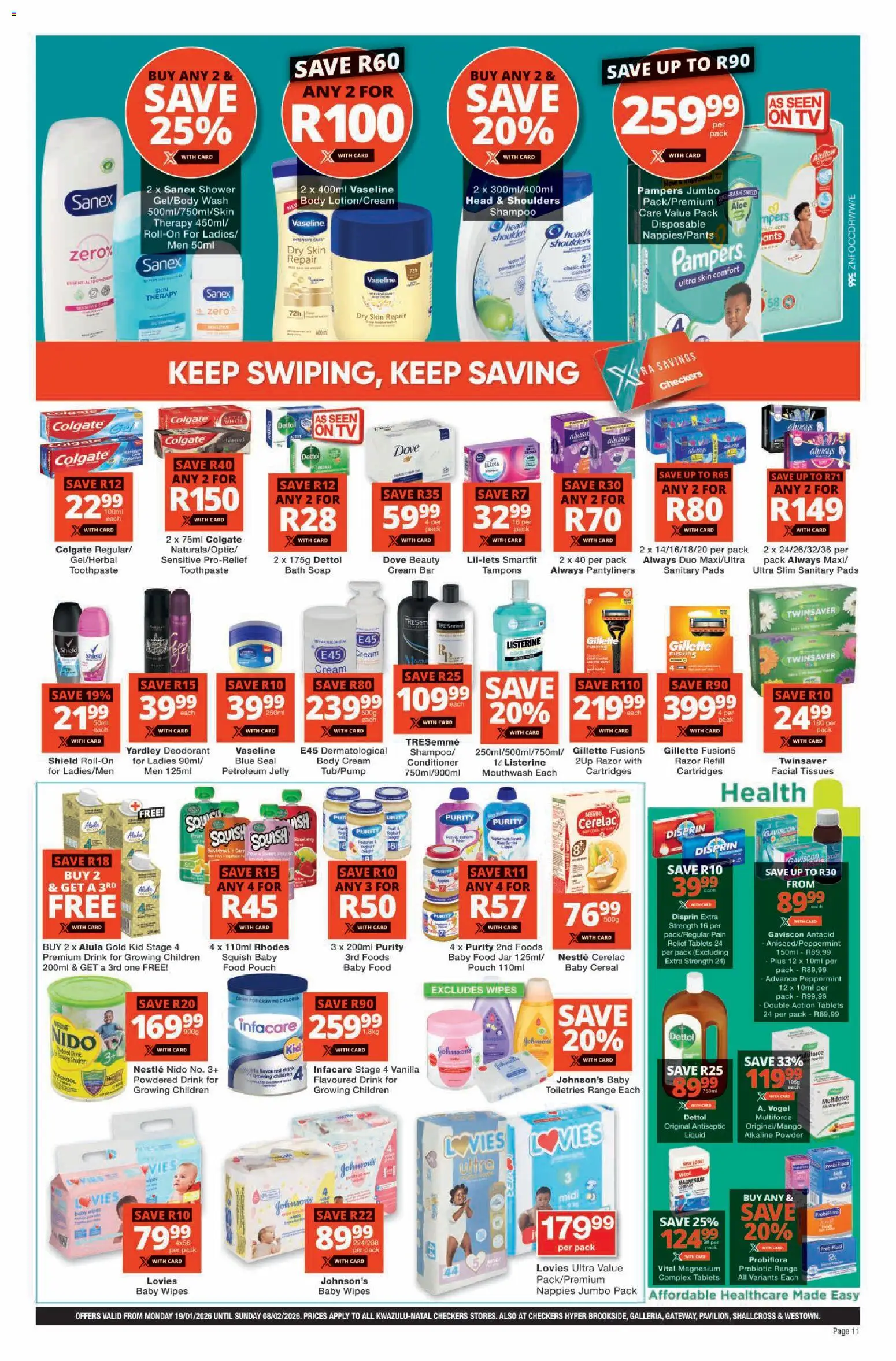 New Checkers catalogue – valid from 19.01.2026 | Page: 11 | Products: Bath, Shower, Deodorant, Toothpaste