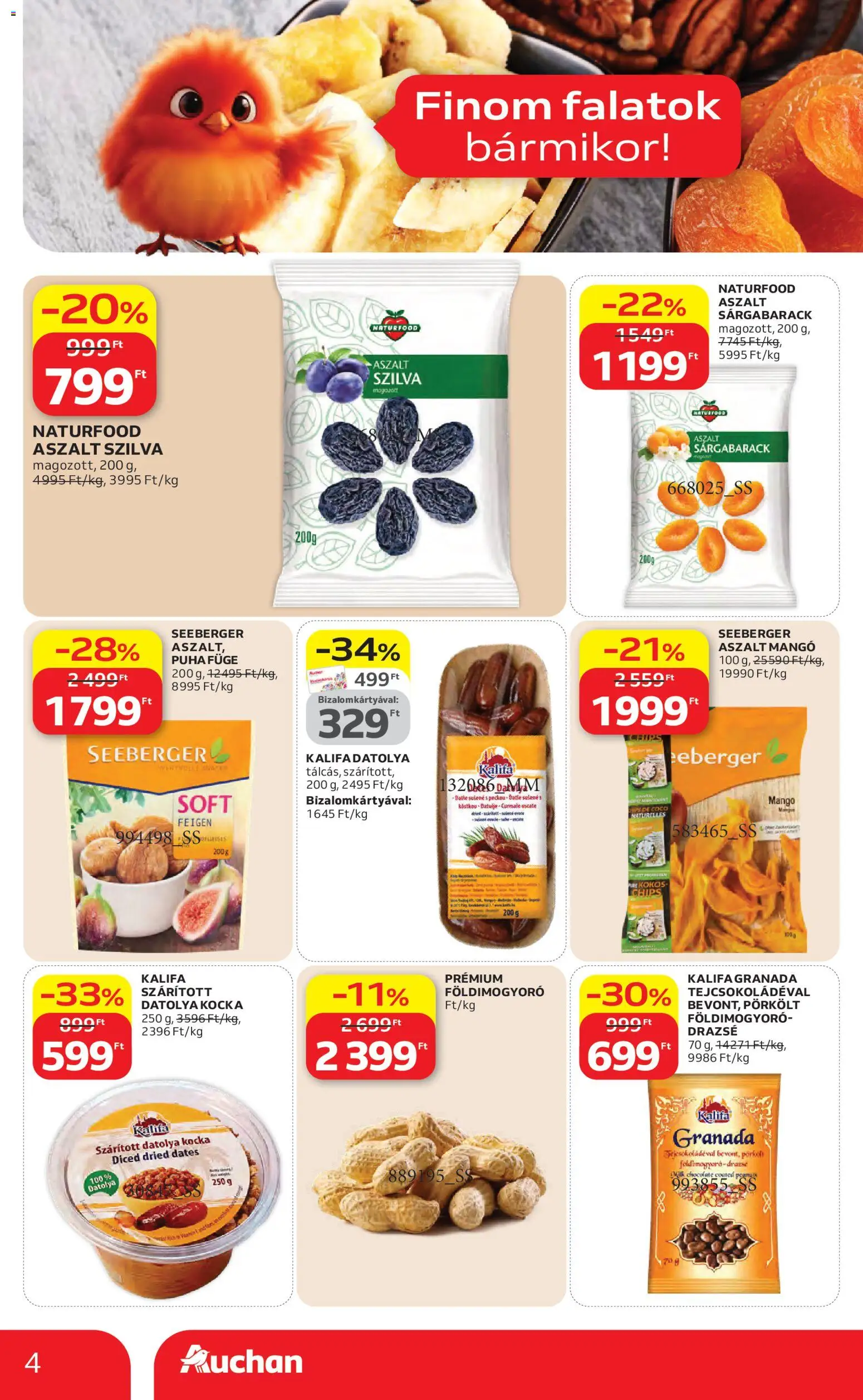 Auchan akciós ujság - amely érvényes a következő dátumtól: 23.04.2026 | Oldal: 4 | Termékek: Datolya, Chips, Szilva, Mangó