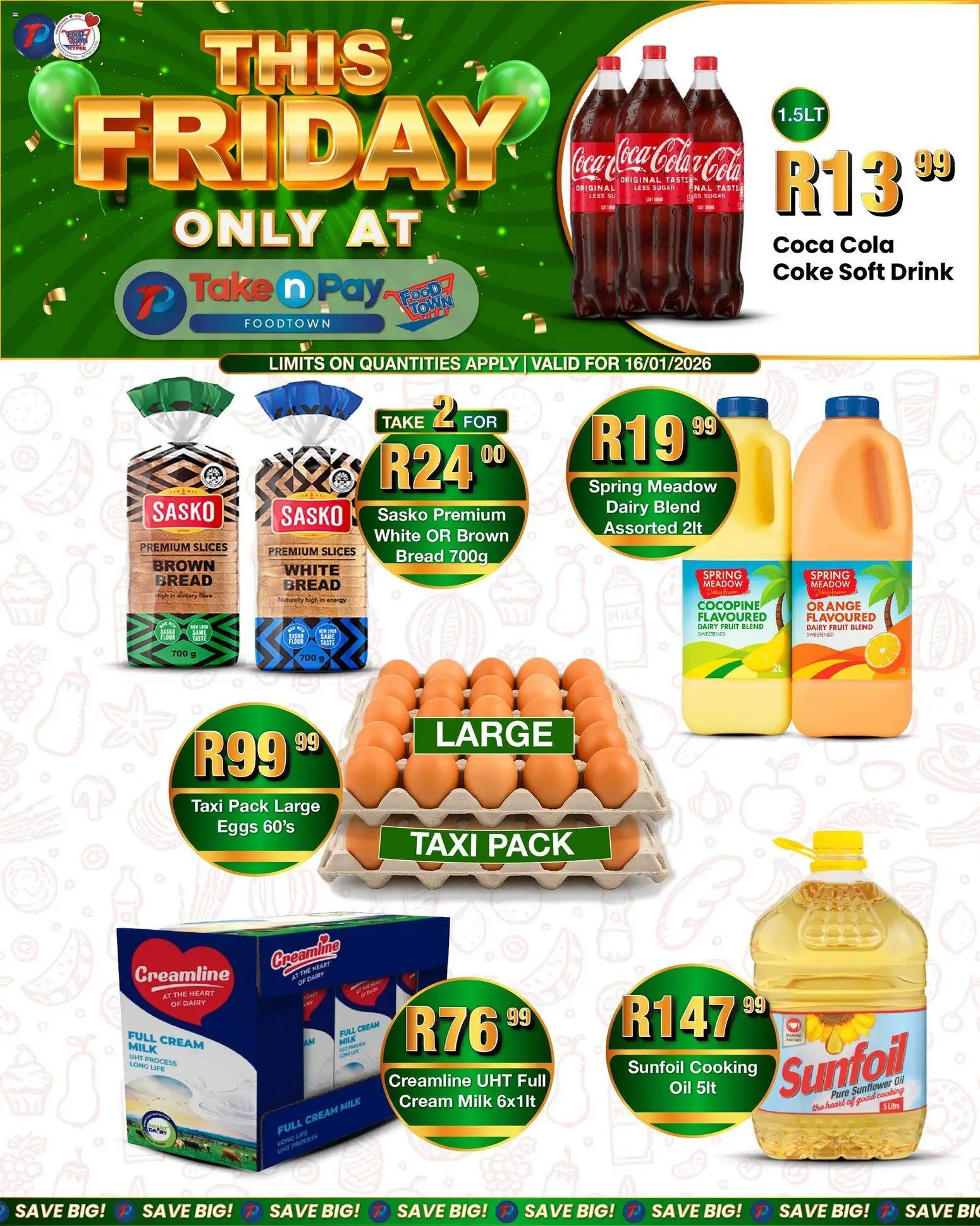 New Take n Pay catalogue – valid from 16.01.2026 | Page: 1 | Products: Milk, Eggs, Cream, Sugar