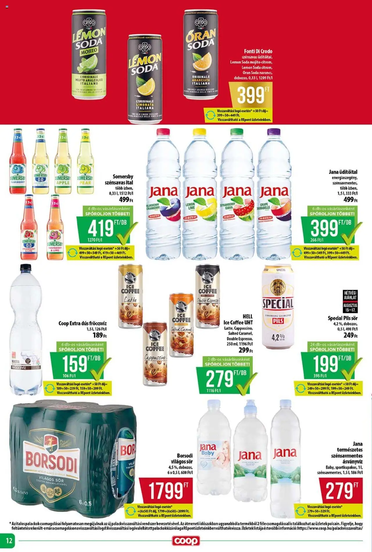 COOP akciós ujság - amely érvényes a következő dátumtól: 14.08.2025 | Oldal: 12 | Termékek: Lime, Cappuccino, Ásványvíz, Sör
