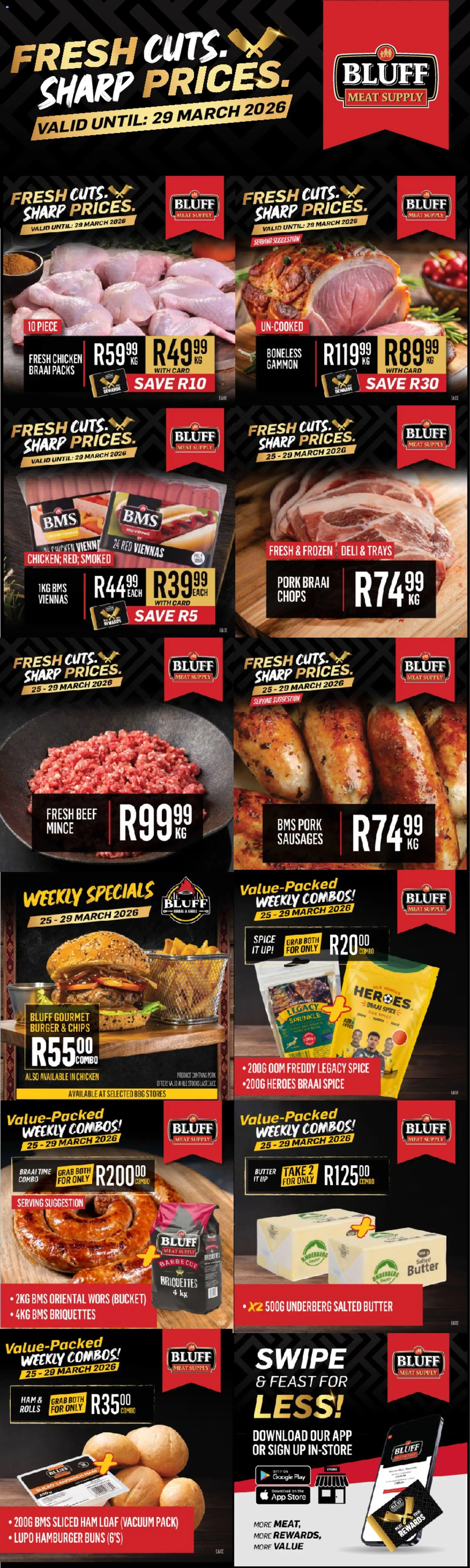 New Bluff Meat Supply catalogue – valid from 25.03.2026 | Page: 1 | Products: Grill, Butter, Pork, Chips