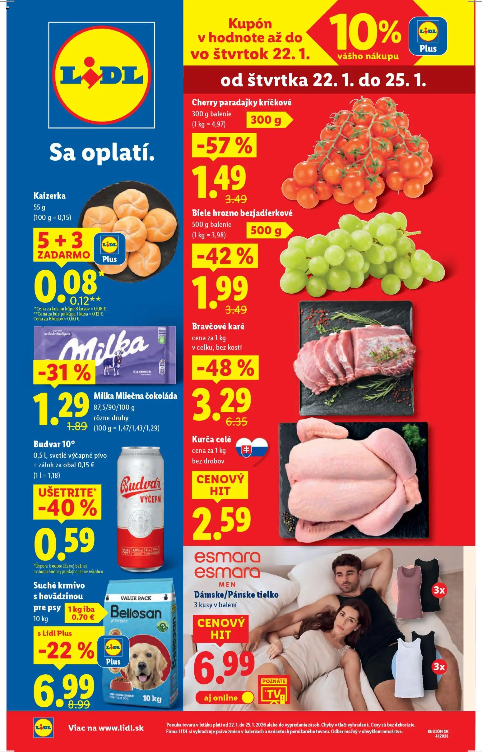Nové Lidl akcie – leták je platný od 22.01.2026 | Strana: 1 | Produkty: Pivo, Paradajky, Čokoláda, Kurča