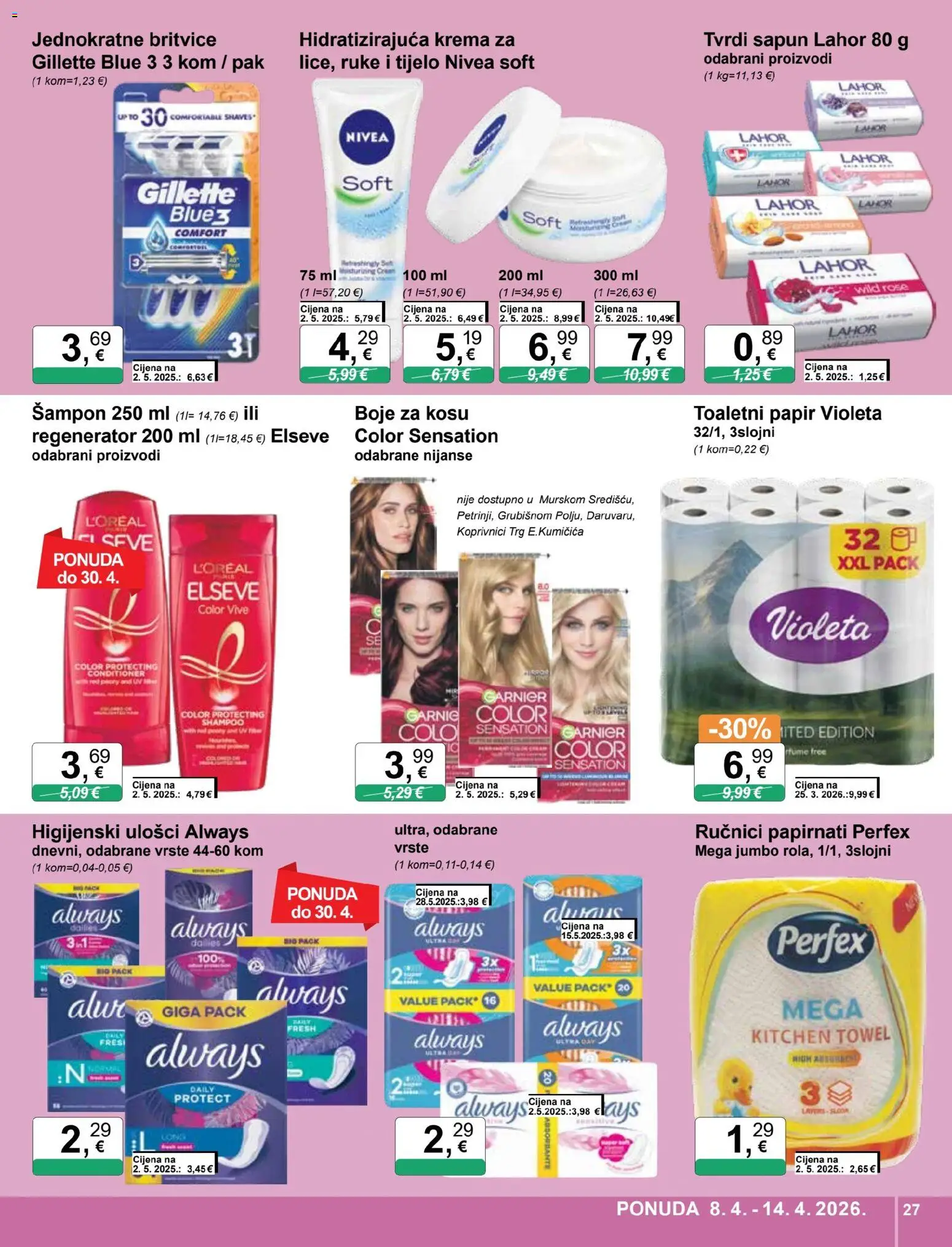 KTC katalog | vrijedi od 08.04.2026 | Stranica: 27 | Proizvodi: Higijenski ulošci, Šampon, Sapun, Krema