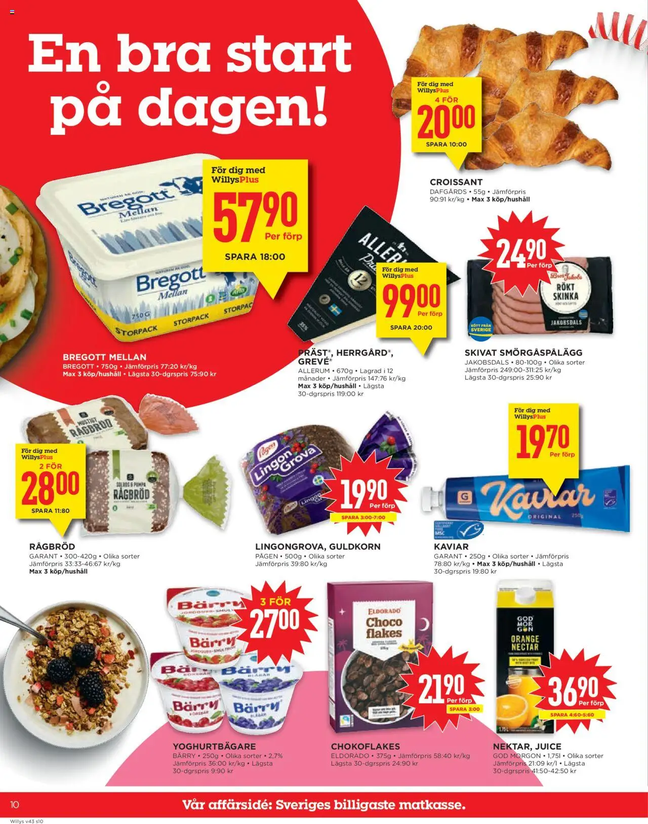 Willys reklamblad aktuell från 20.10.2025 | Sida: 10 | Produkter: Bregott, Smörgåspålägg, Skinka, Juice