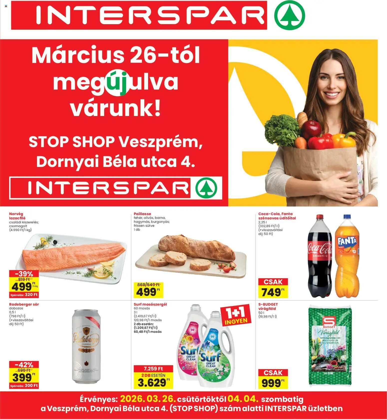 Interspar akciós ujság - amely érvényes a következő dátumtól: 26.03.2026 | Oldal: 1 | Termékek: Fanta, Lazacfilé, Cola, Virágföld