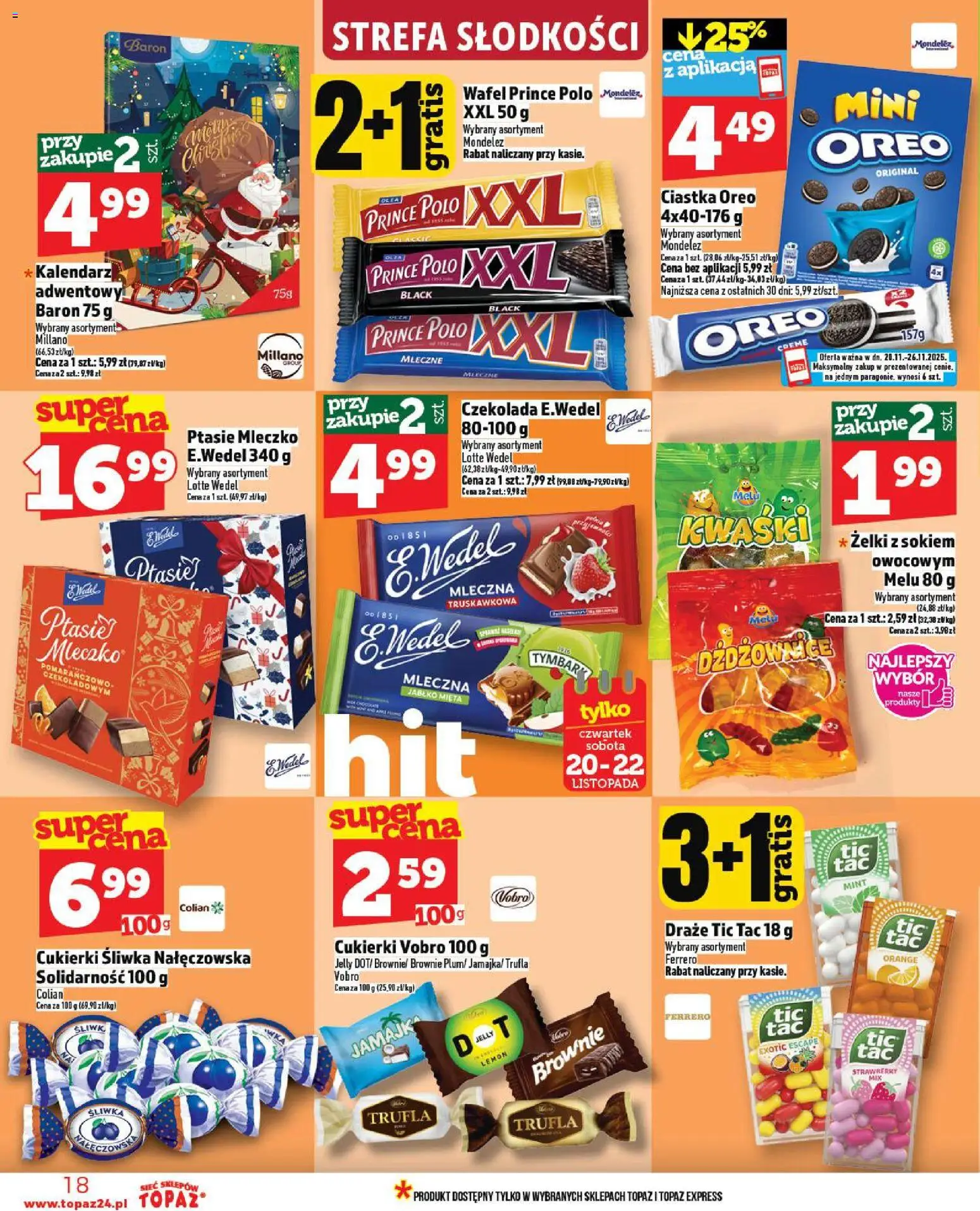 Topaz Gazetka od 20.11.2025 | Strona: 18 | Produkty: Śliwka nałęczowska, Ciastka Oreo, Ptasie mleczko, Brownie