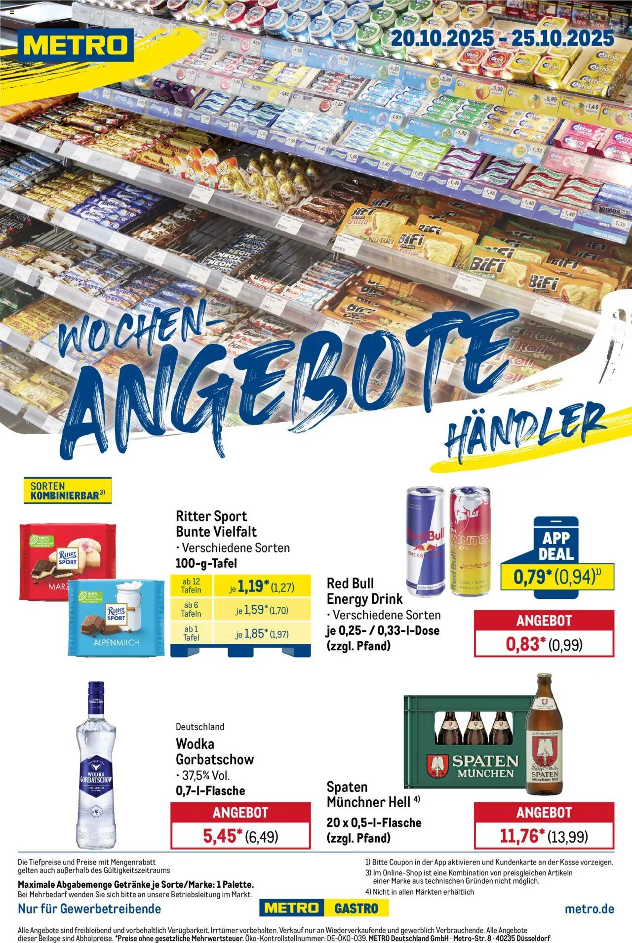 Metro  Wochen-Angebote Händler – gültig ab 20.10.2025 | Seite: 1 | Produkte: Energy, Ritter sport, Kinder riegel, Wodka