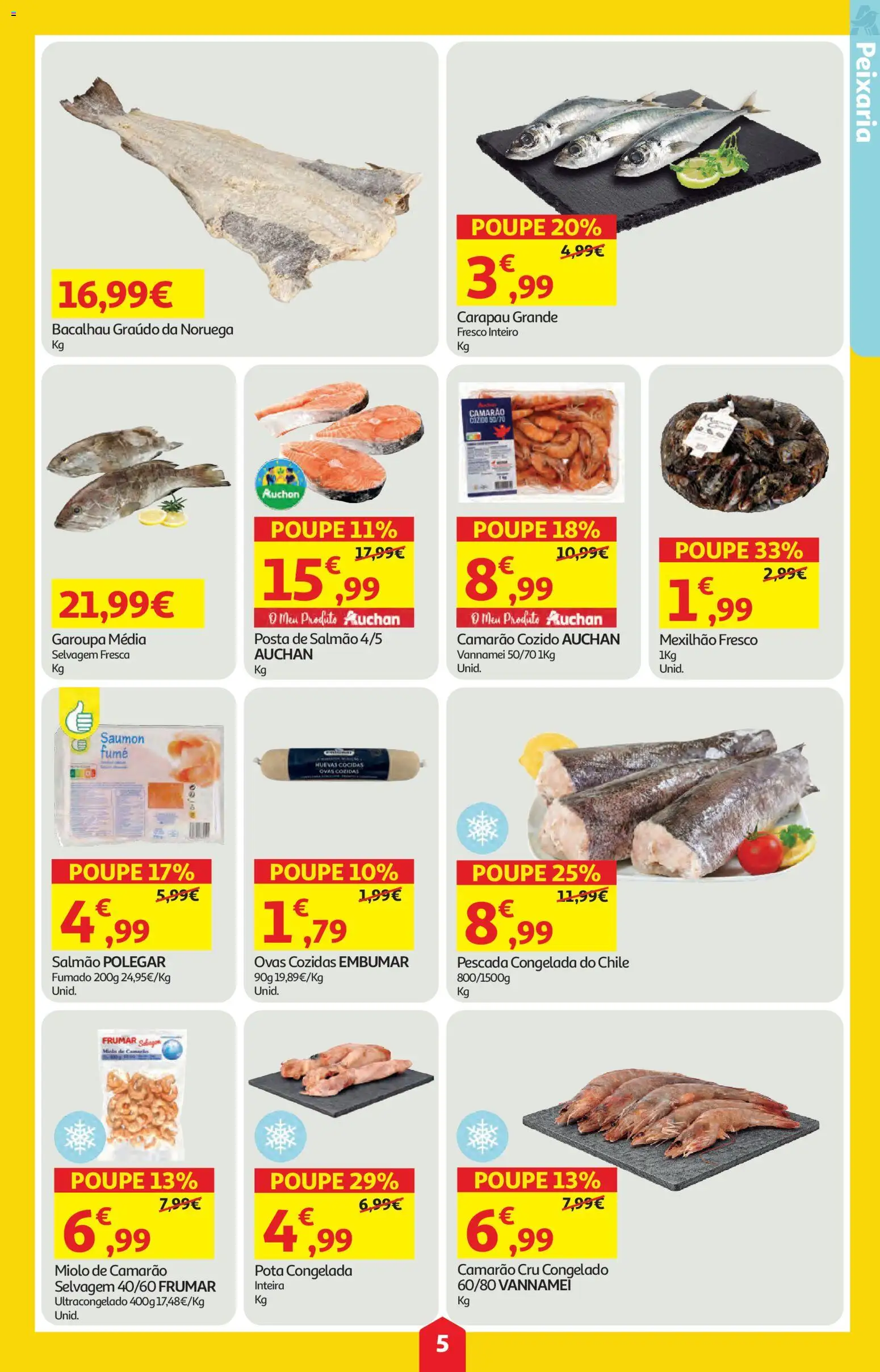Auchan folheto │ válido de 09.04.2026 | Página: 5 | Produtos: Bacalhau, Pescada, Camarão, Salmão