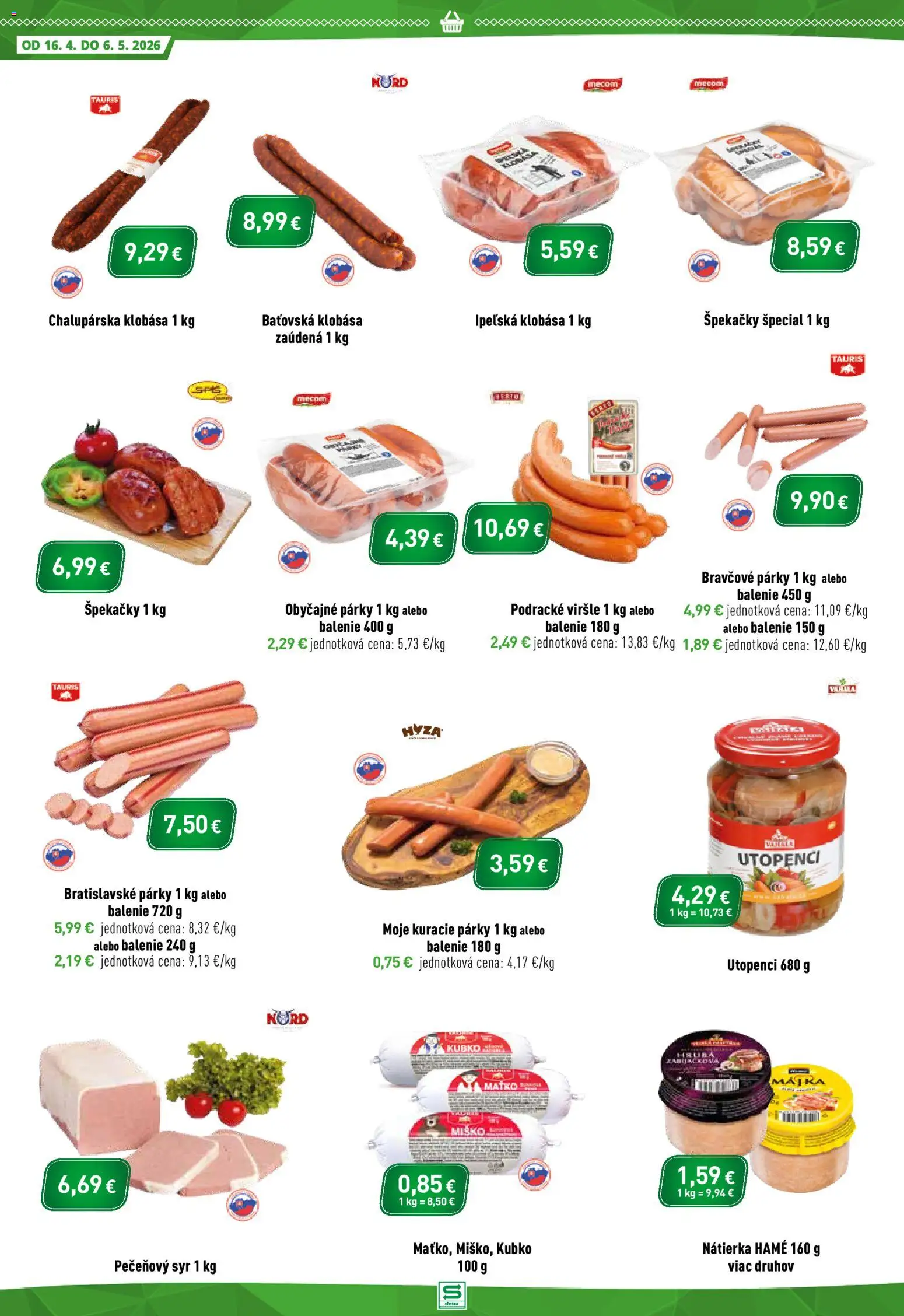 Nové Sintra akcie – leták je platný od 16.04.2026 | Strana: 4 | Produkty: Syr, Klobása, Párky