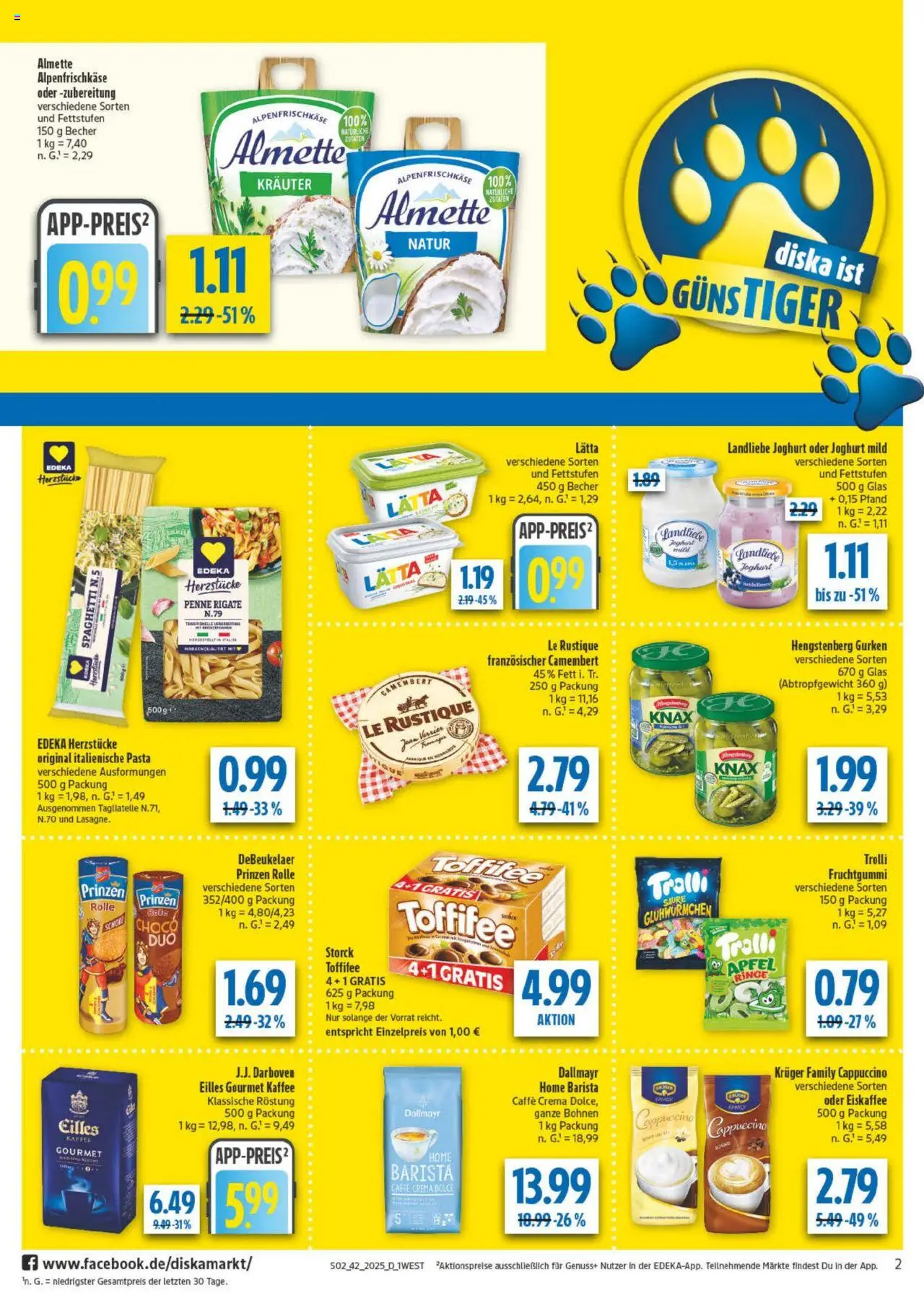 Diska - diska Angebote Bayern KW42 – gültig ab 13.10.2025 | Seite: 2 | Produkte: Almette, Dallmayr, Toffifee, Pasta