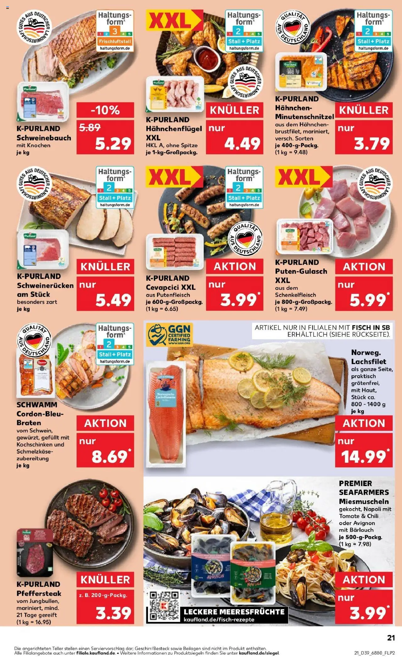 Kaufland prospekt Neunkirchen	 – gültig ab 25.09.2025 | Seite: 21 | Produkte: Hahnchen, Schweinebauch, Fisch, Meeresfrüchte