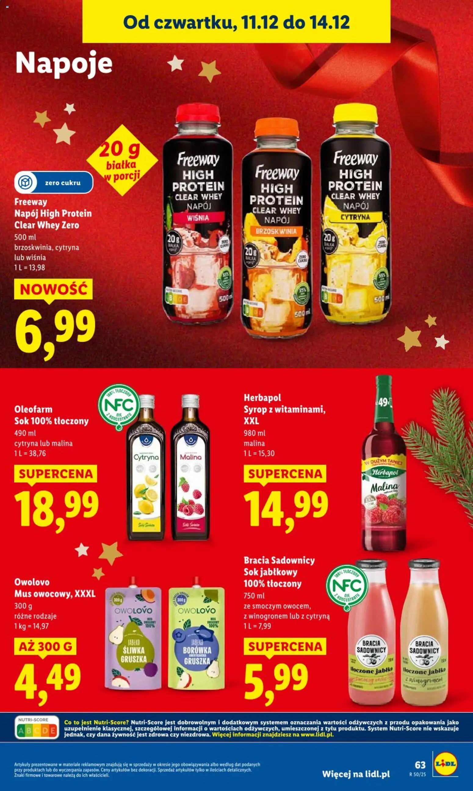 Lidl Gazetka od 11.12.2025 | Strona: 63 | Produkty: Brzoskwinia, Gruszka, Sok jabłkowy, Napoje