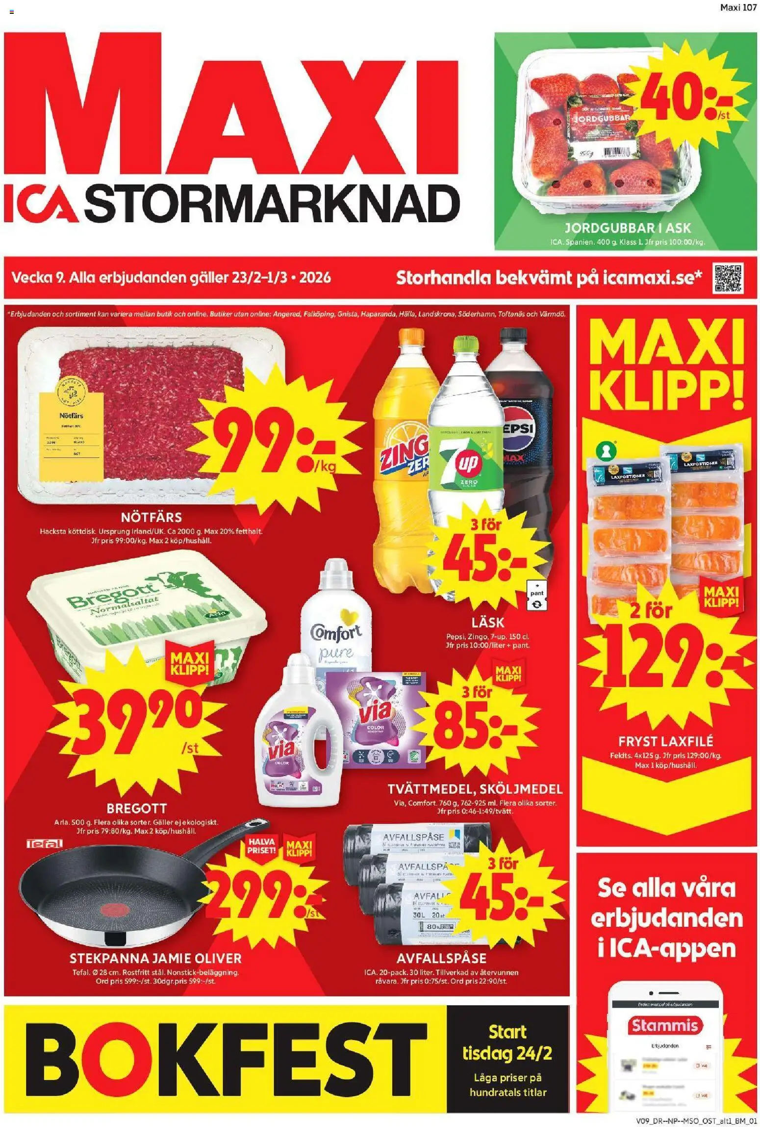 ICA Maxi reklamblad aktuell från 23.02.2026 | Sida: 1 | Produkter: Sköljmedel, Nötfärs, Bregott, Ost