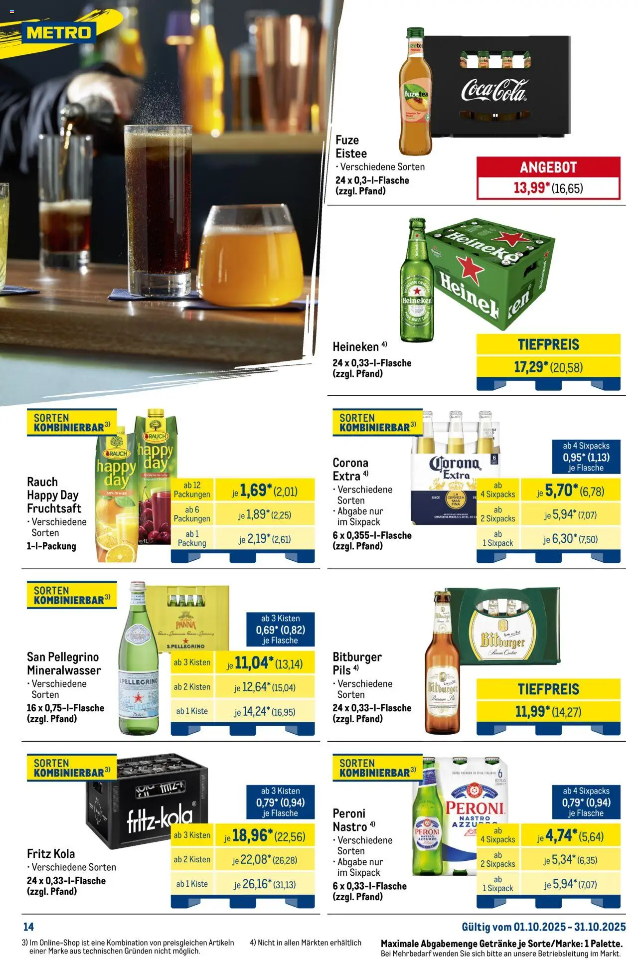 Metro Monats-Menü – gültig ab 01.10.2025 | Seite: 14 | Produkte: Bitburger, Pils, Mineralwasser, Fruchtsaft